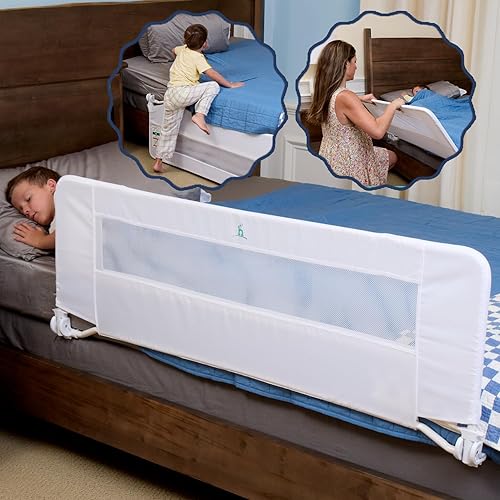 hiccapop Riel de cama extra largo de 57 x 19 pulgadas para niños pequeños, protector de riel de cama abatible resistente con cubierta de malla