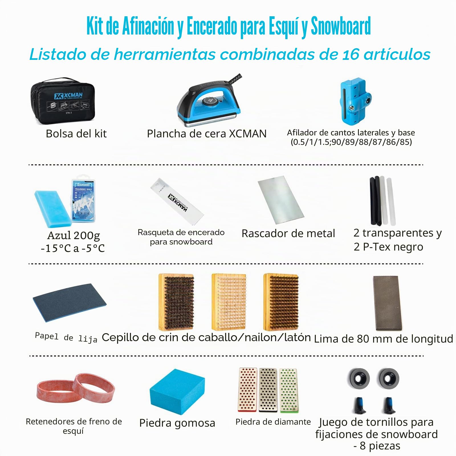 XCMAN Kit Completo Afilado Encerado Esquí Snowboard Plancha Cera Afilador Borde Lateral Reparación Base Ptex Piedra Goma Diamante