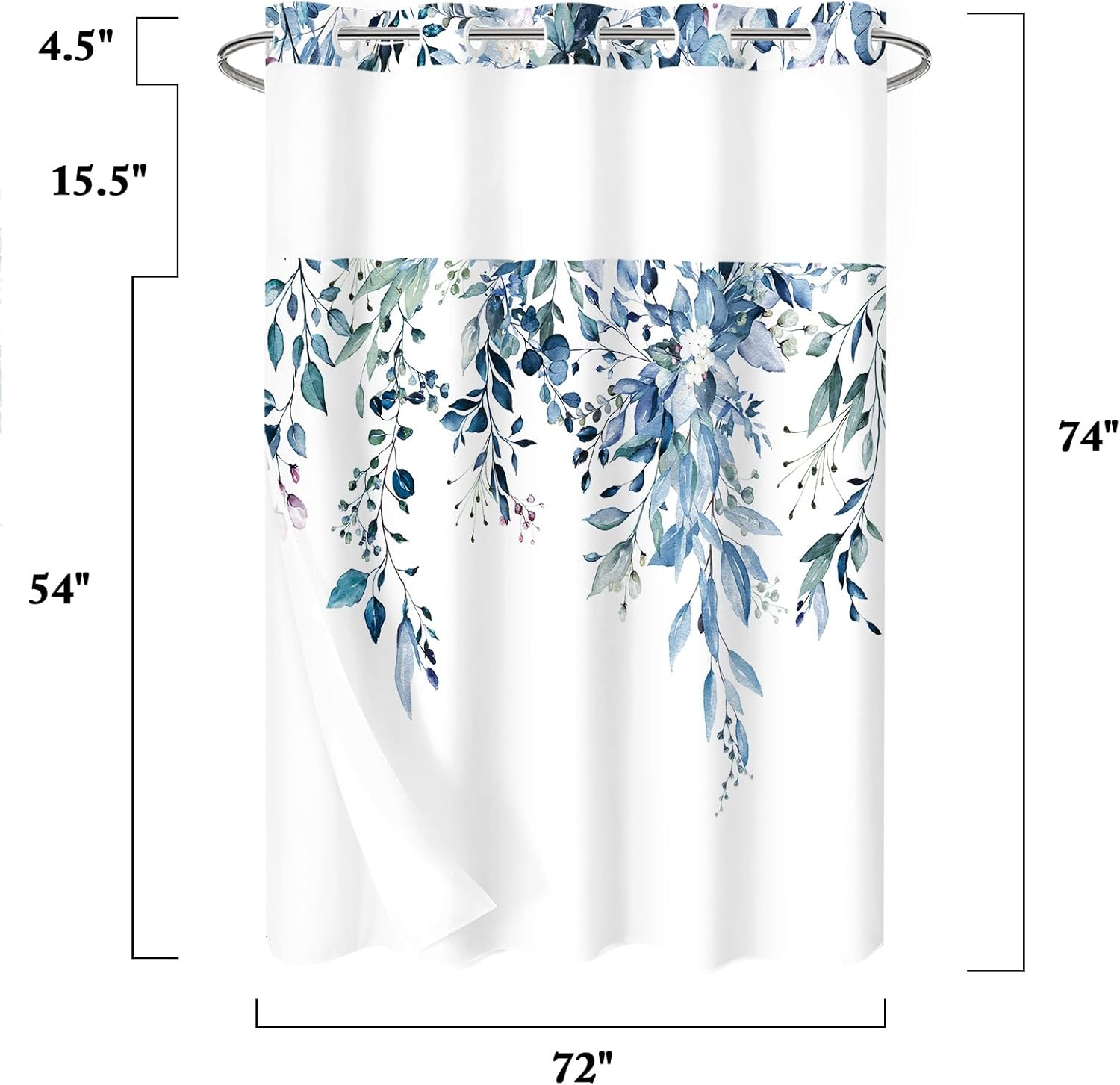 Gibelle No Hook Shower Curtain with Snap-in Fabric Liner Set for Bathroom, Hotel Style Blue Eucalyptus Leaves Shower Curtain with See Through Top Window, Waterproof & Washable, 72x74