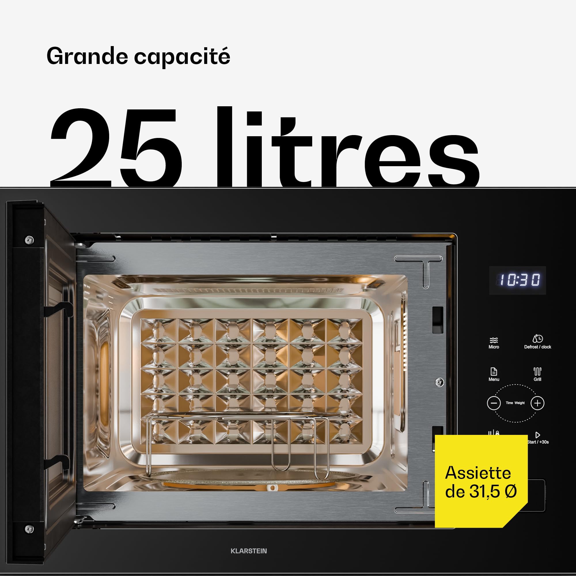 Klarstein Velaire Micro Onde Encastrable 25 Litres avec Grill – 850W, 1200W Grill, 8 Programmes, Commande Tactile, Acier Inox, Plateau 31,5cm – Micro-ondes Encastrable, Noir