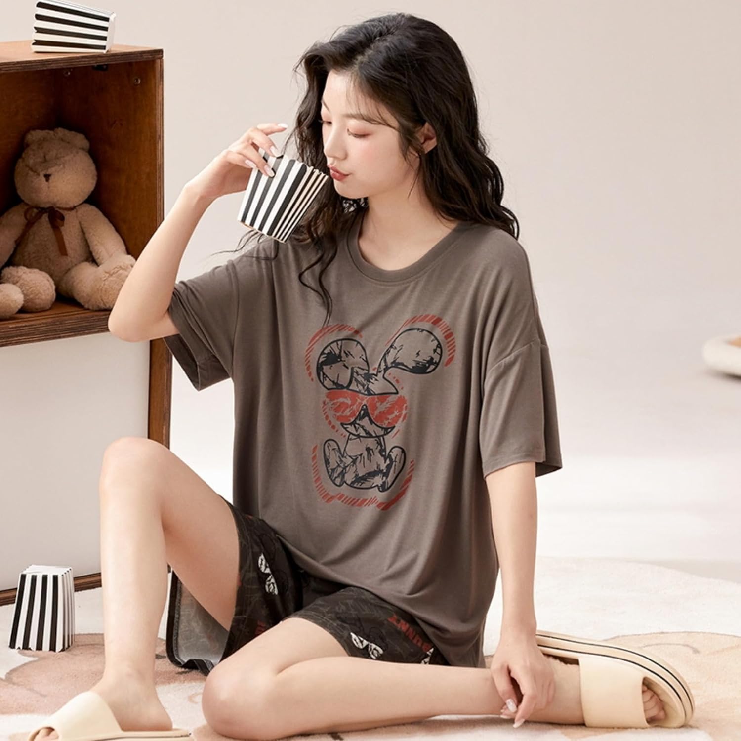 Cute Casual Women Large Girls Kawaii Short Sleeve And Shorts Pajama Set With Chest Pads Home Comfort Fashion Pj Sleep