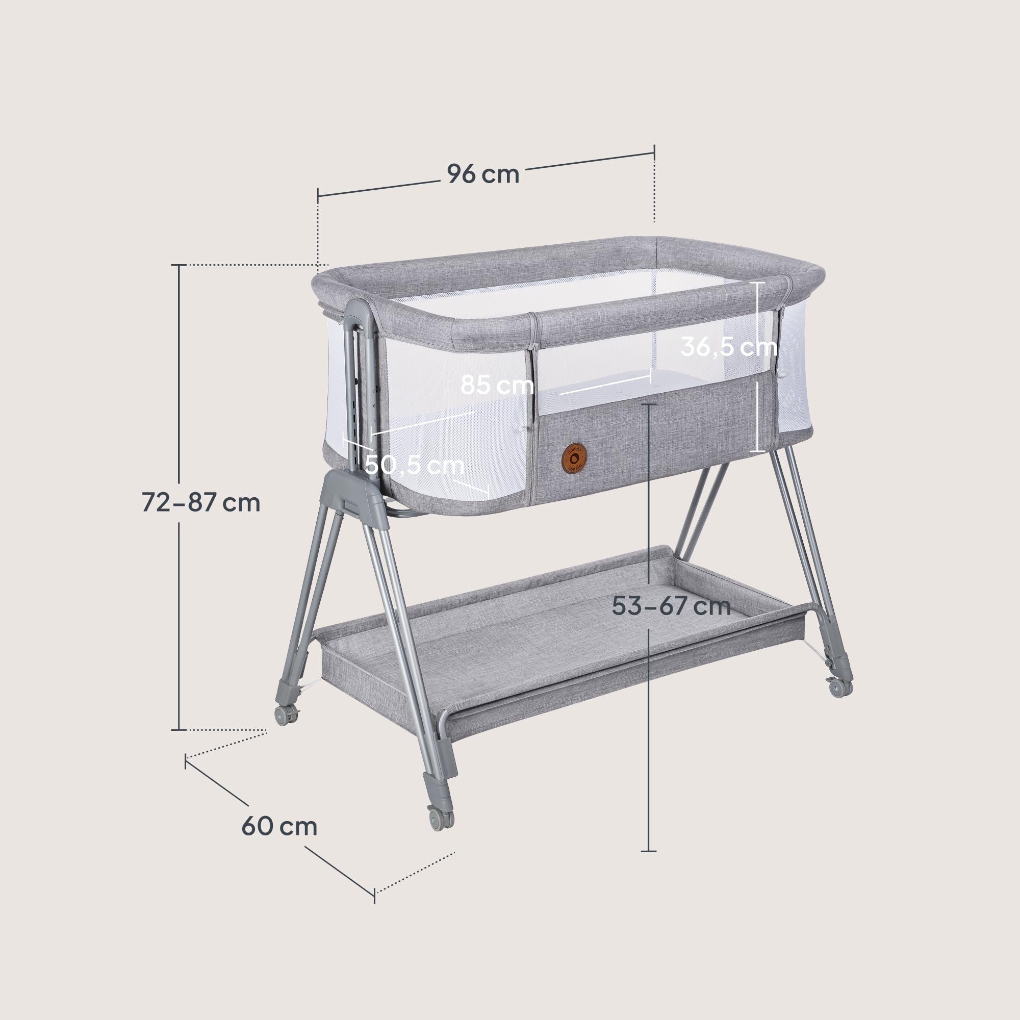 lionelo Luna, lit Bebe indépendant, cododo avec Matelas, co-Sleeping, du Nouveau-né à 9 kg. Hauteur et Inclinaison réglables, 4 Roues avec Blocage, Fixation au lit des Parents, aéré
