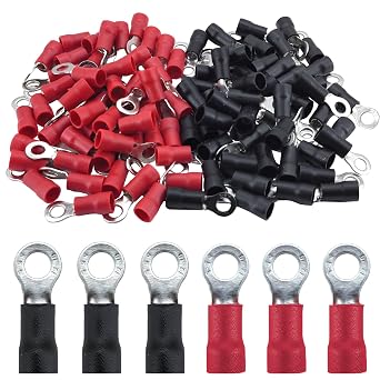 100pcs #10 M5 Ring Terminals,AWG 12-10 Insulated Electrical Crimp Terminals,O-Type Crimp Connector Wire Lugs Battery Cable Terminal Kit50Red+50Black