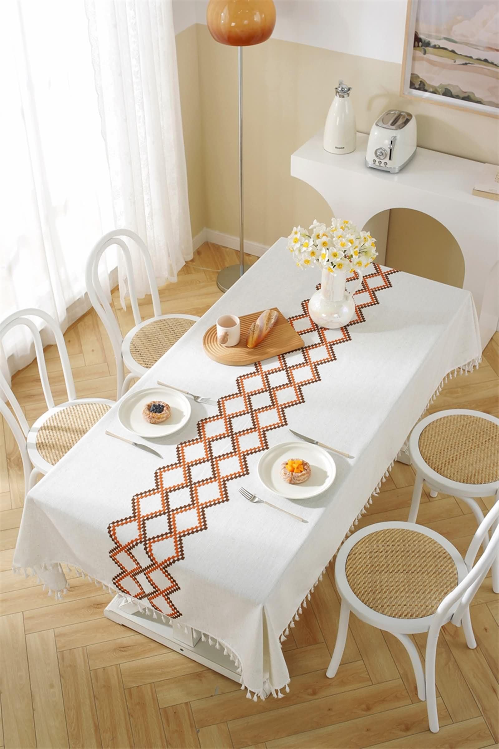 Mantel Rectangular Café para Mesa, Bordado de Geométrico con Borlas, de Poliéster Fácil de Limpiar, 140 x 180 cm, Mantel para Comedor y Cocina