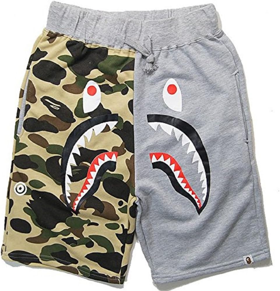 Shark Pattern Camouflage Stitching Shorts Men Drawstring Sports Shorts