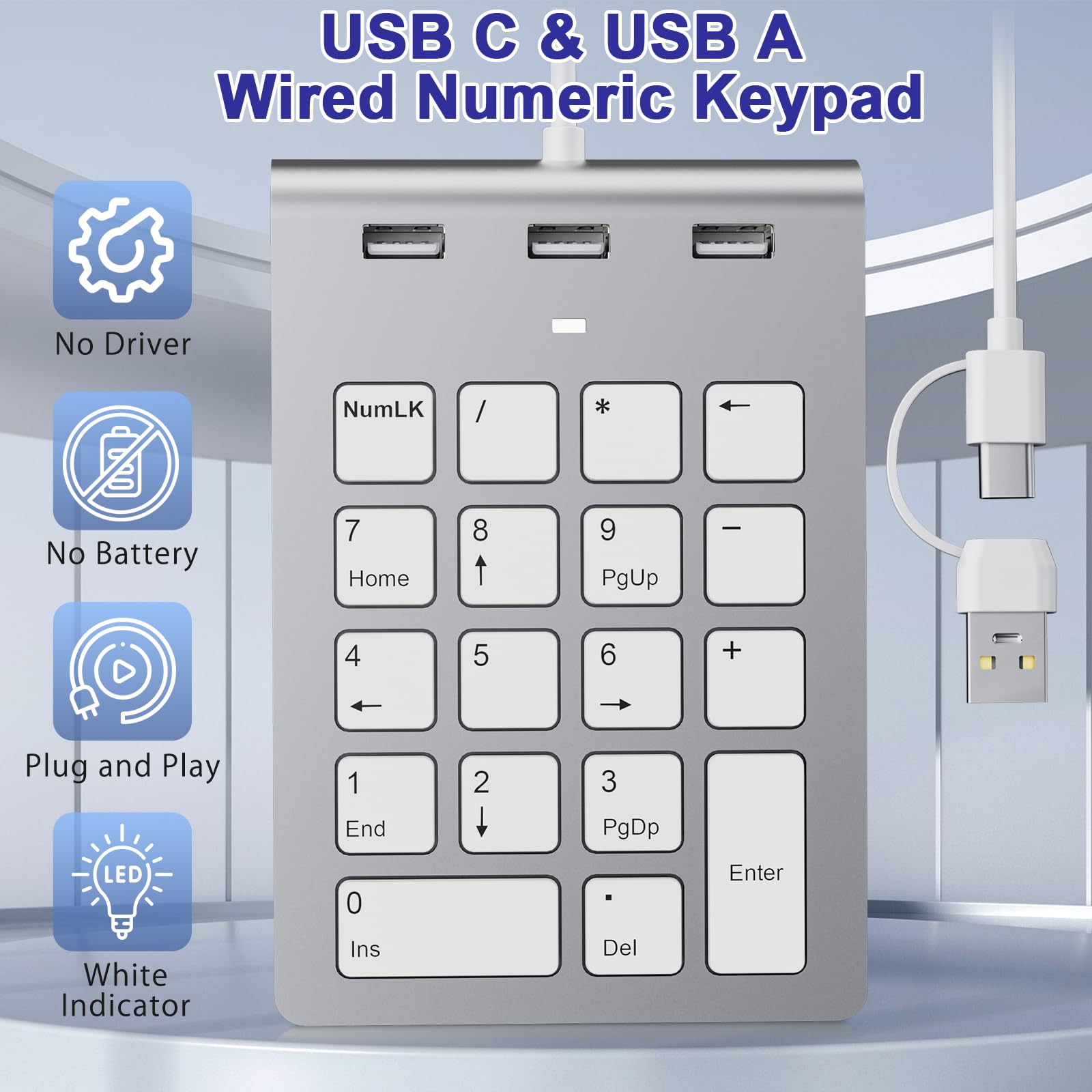Pavé numérique filaire USB C/USB A, mini pavé numérique ergonomique avec 3 ports USB 2.0, pavé numérique 18 touches, pavé numérique de calcul de bureau pour ordinateur portable, ordinateur de bureau,