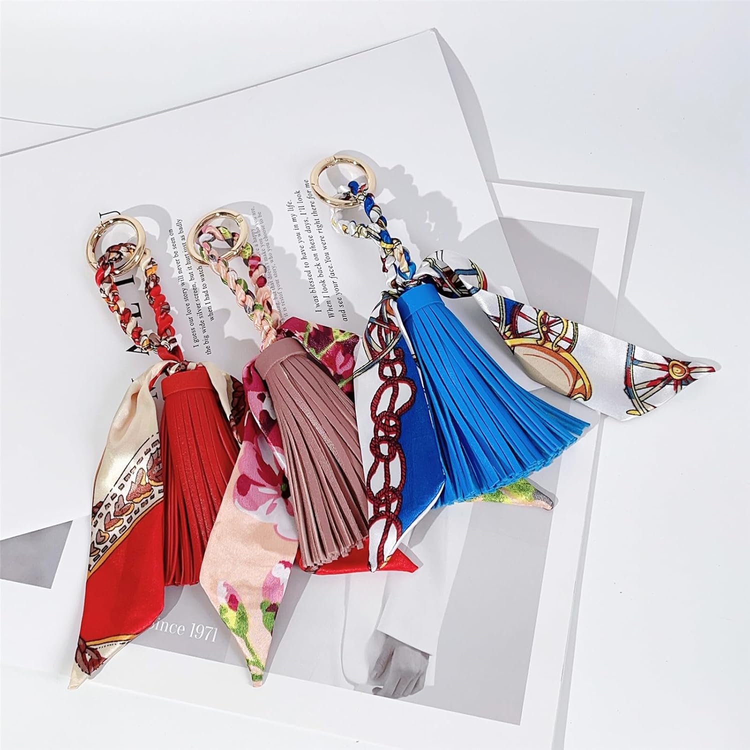 QTMY Silk Ribbon Leather Tassel Bag Pendant Charm Keyring Keychain for Women Purse Handbag Decor,2043 - Image 8