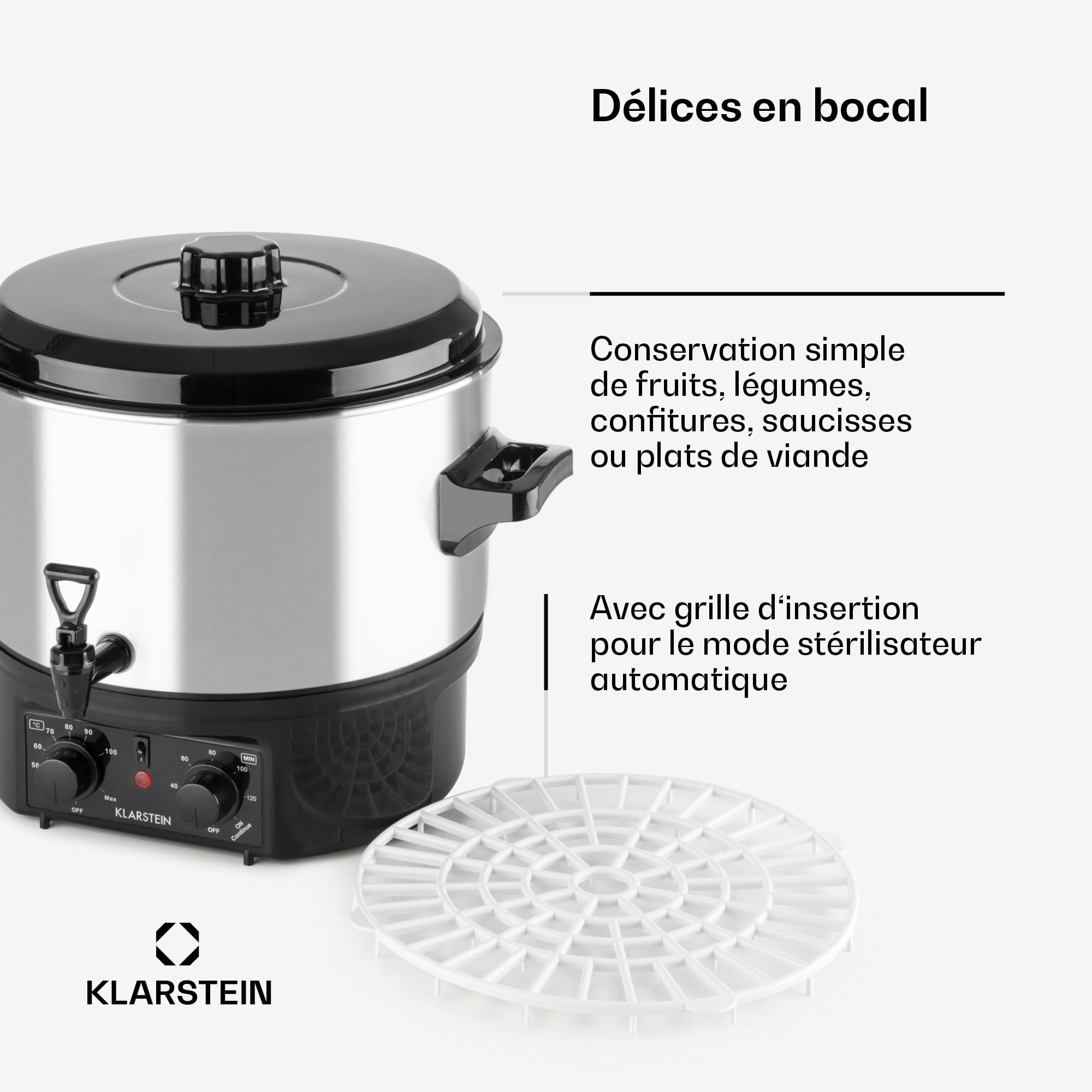 Klarstein Biggie Small - stérilisateur, cuve à stériliser, faitout, marmite à vin chaud, électrique, volumle 16 l, 2000 w, température réglable, interrupteur à minuterie 120 mn, argent