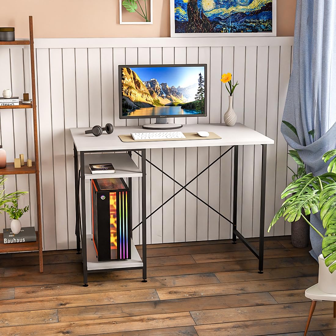 FURLAY Plank Office Desk and Study Table | 1 Year Warranty | Metal and Century Engineered Wood Desk for Adults & Students | DIY (White)