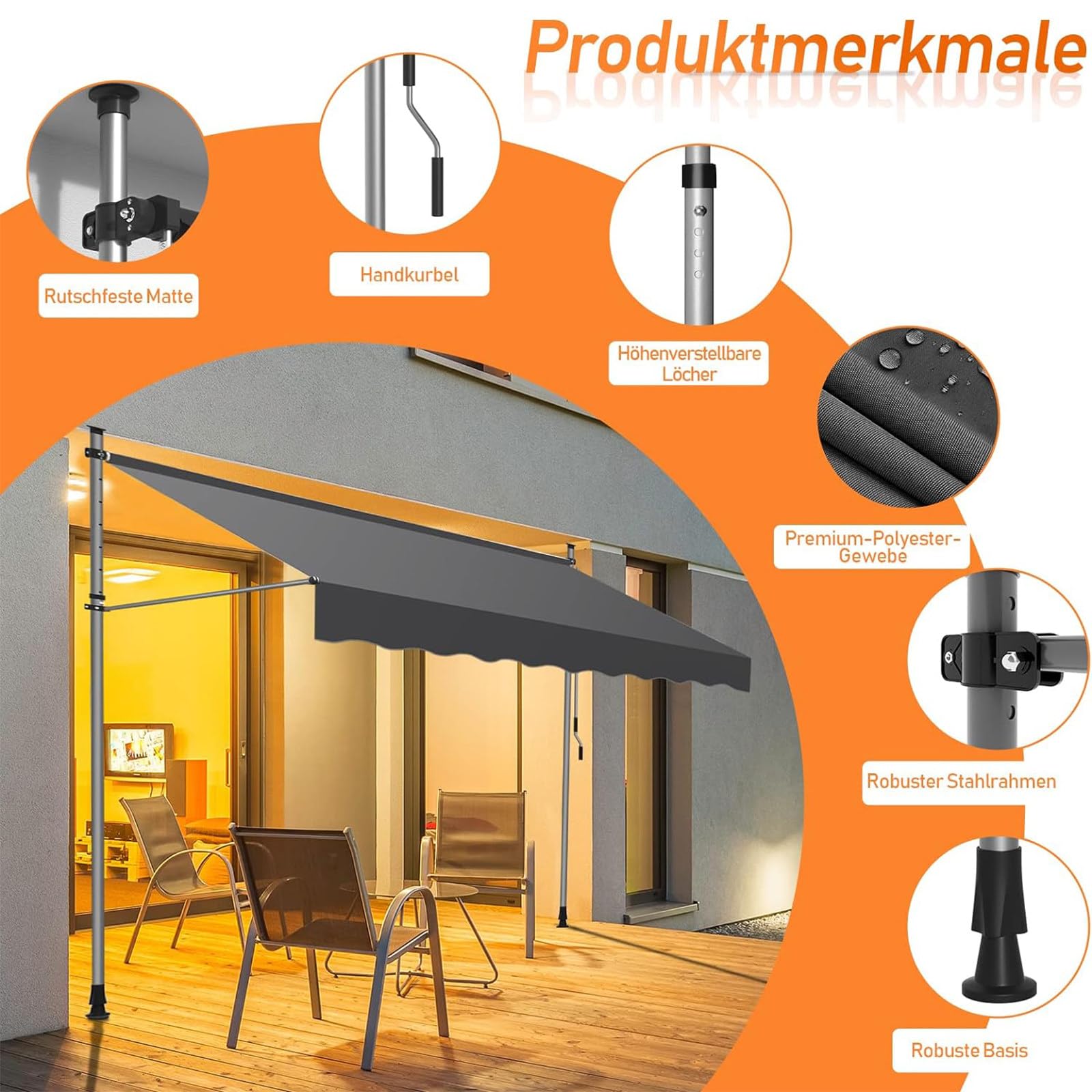Tenda da Sole a Bracci Estensibili Pergolato da Giardino Copertura della tenTensole Manuale Retrattile per Terrazza o Balcone in Metallo e Poliestere,400cm