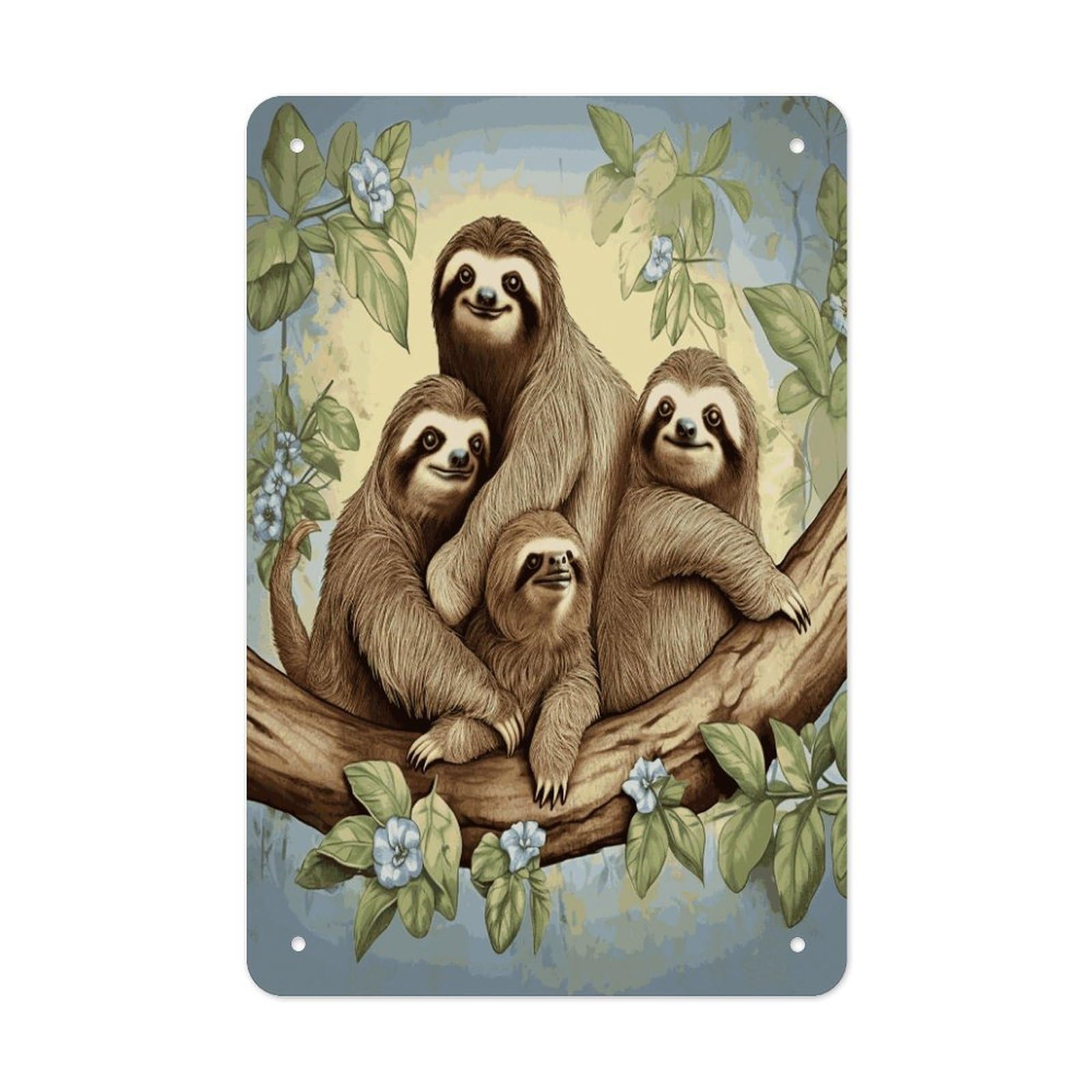 LDGSUPH Sloth Family Wall Art Prints Folded Edge Iron Sheet Painting with Holes for Wall Prints Decorative Picture Metal Signboard Decor Painting for Outdoor Indoor Wall Decor