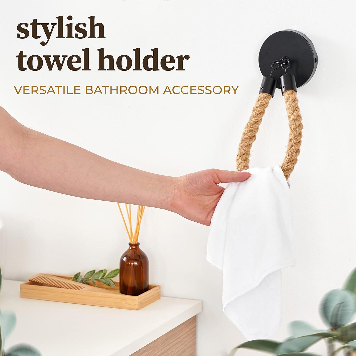 HENNEZ Wall Mounted Toilet Paper Holder with Hole - Black Industrial Deco Style with Jute Rope - Wooden