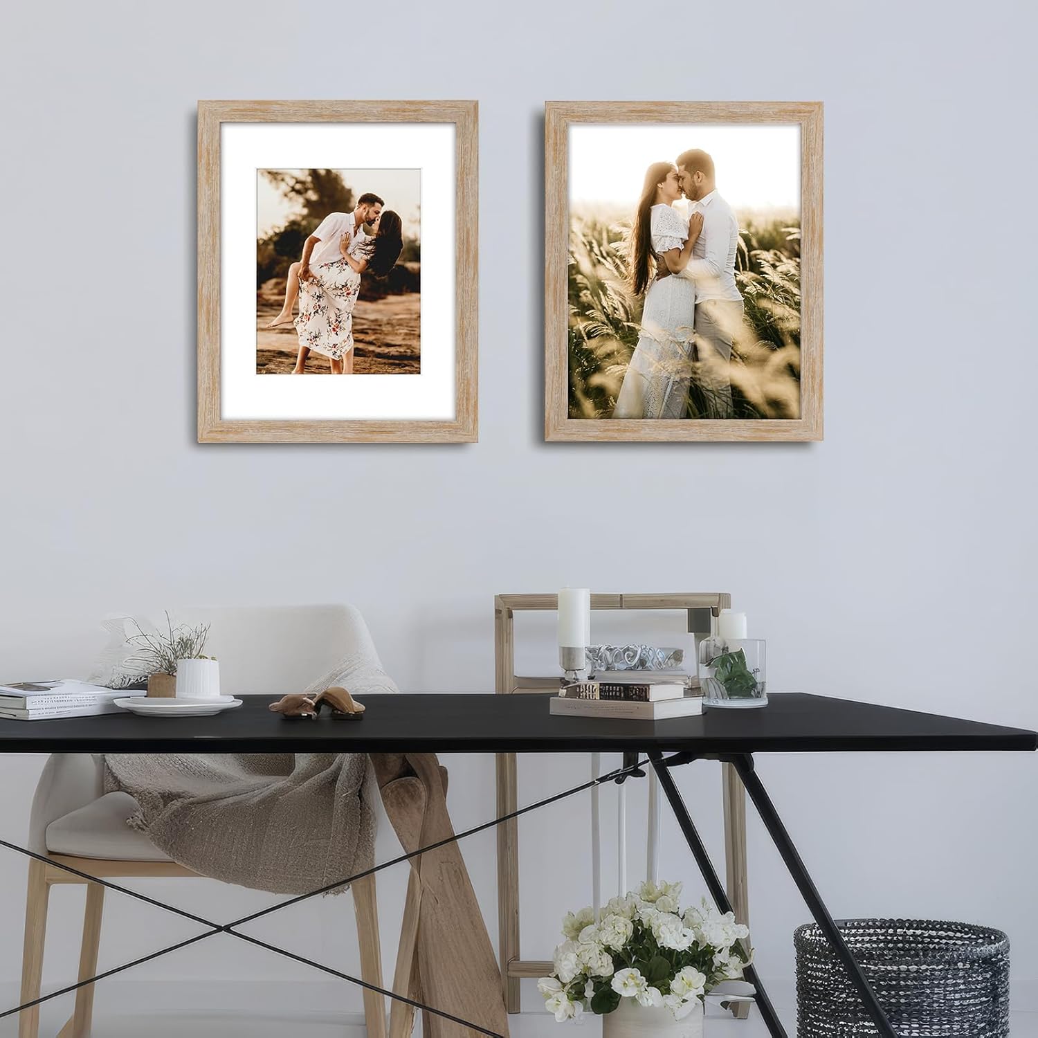 11x14 in Country Farmhouse Gallery Picture Frame Set, Natural Washed White Border, Matted for 8x10 Photos, Prints or Posters, Plexi Glass Front, 4 Pack