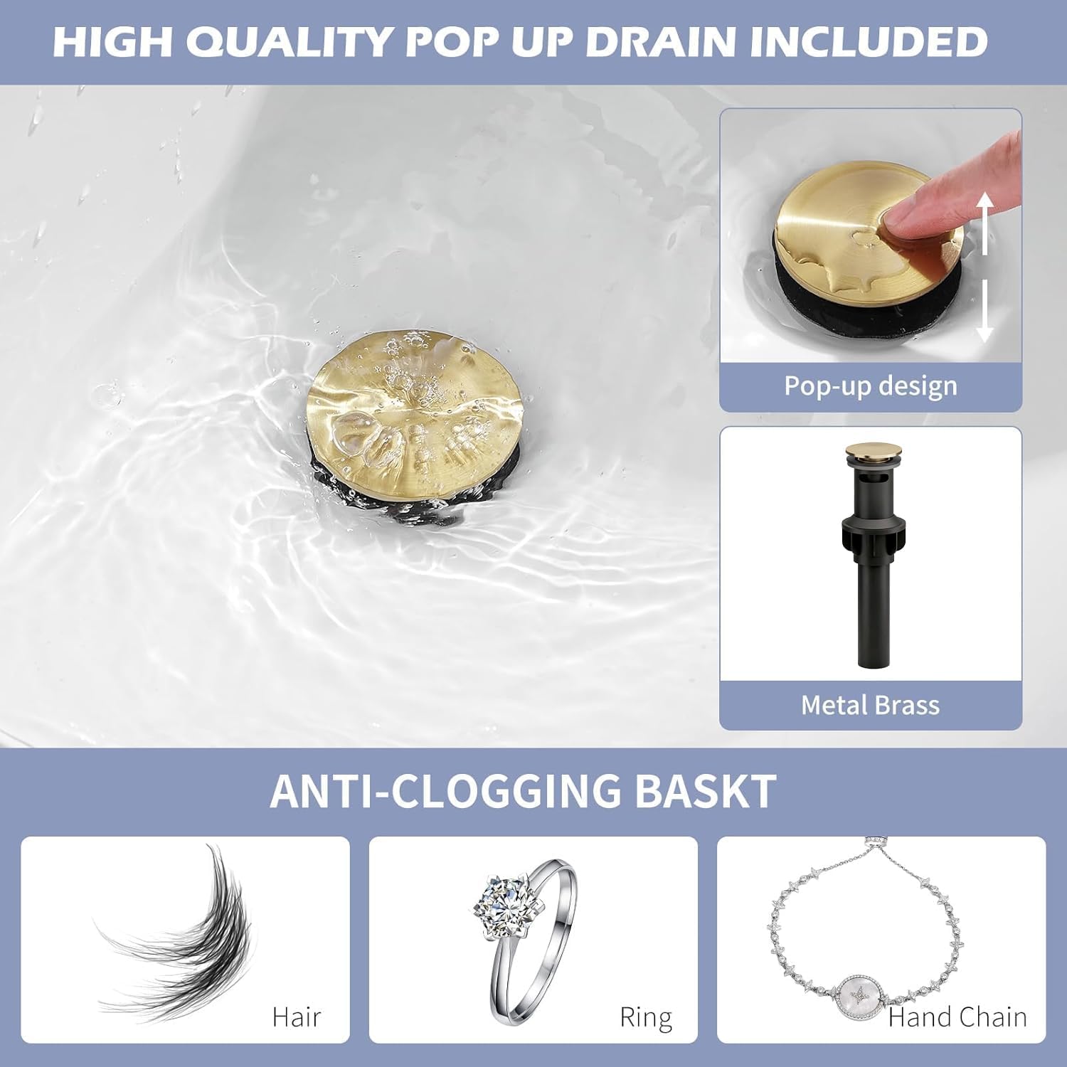 Brushed Gold Bathroom Faucet Waterfall Faucet Single Handle Single Hole Sink Lavatory Commercial Bath Stainless Steel Vanity Basin Tap with Pop Up Drain, Supply Line