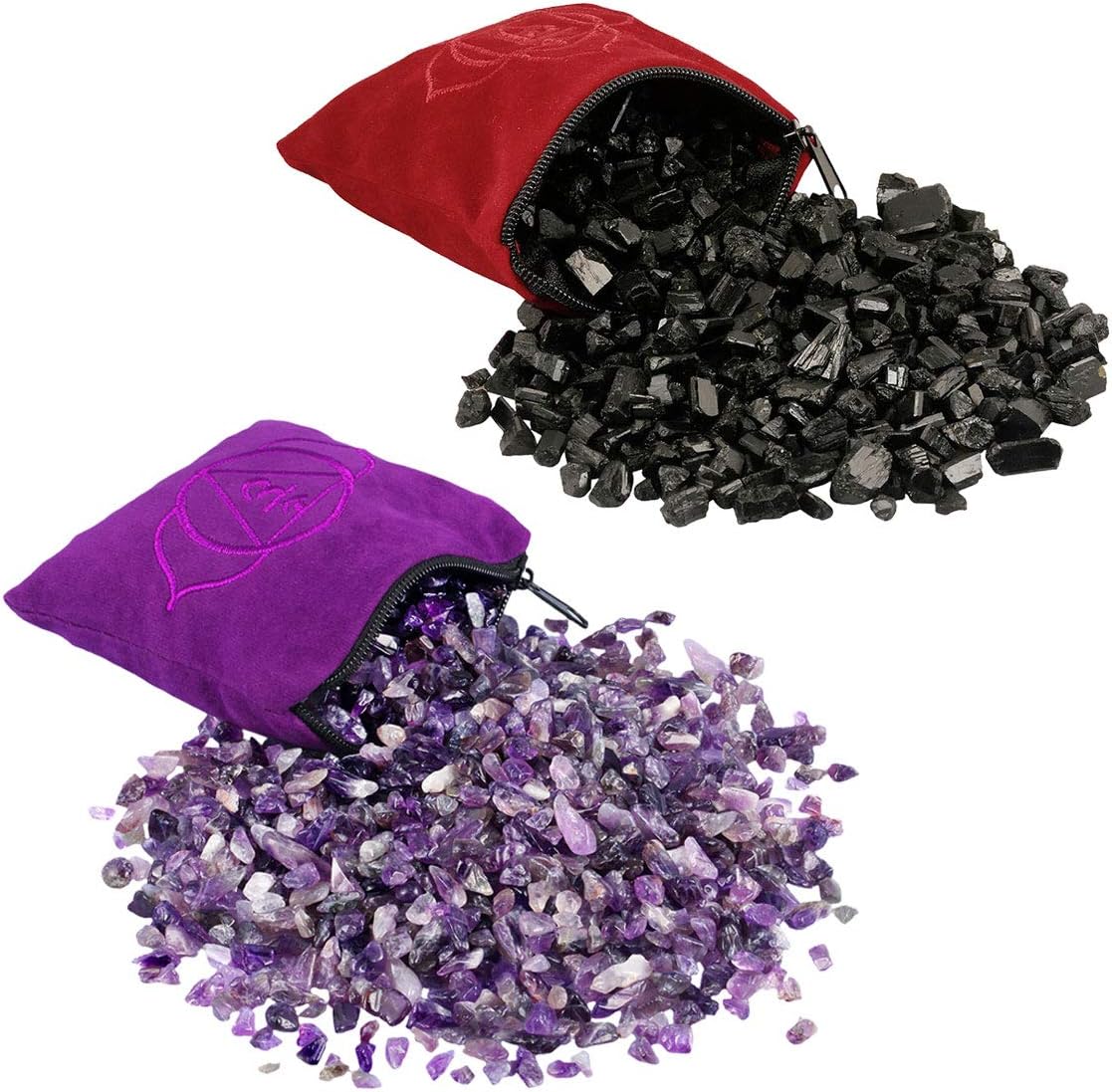 SUNYIK Pack of 2 Black Tourmaline & Amethyst Tumbled Chips Stone, Root & Third Eye Chakra Crystal Pillow for Healing Reiki, 0.5lb/Pack