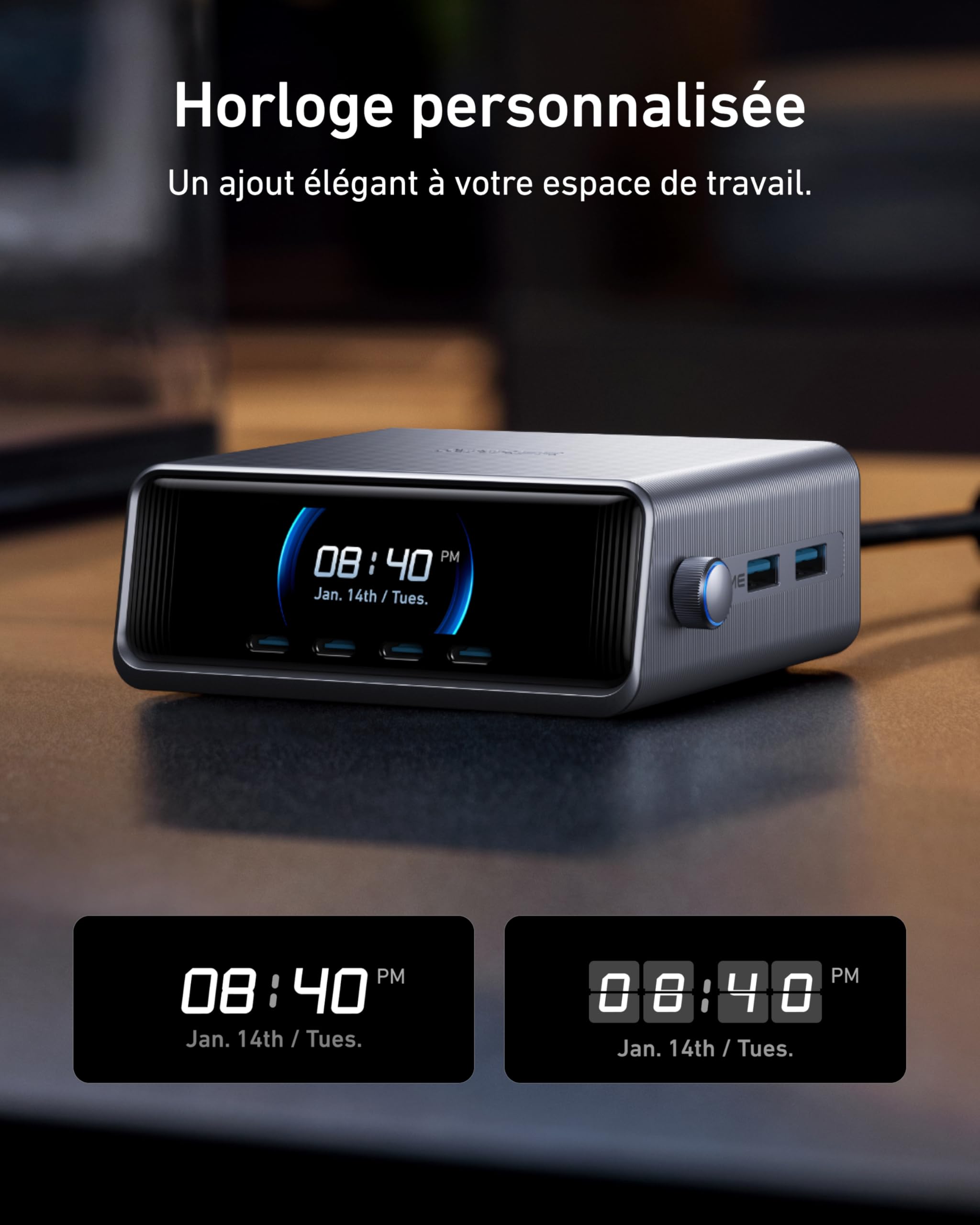 Anker Prime Chargeur USB C 250 W, Station de Recharge ultra-rapide 6 Ports GaN, écran LCD 2,26", Molette de Contrôle Intelligente, MacBook Pro/Air, iPhone 17/16/15, Pixel, Galaxy, Apple Watch, et plus