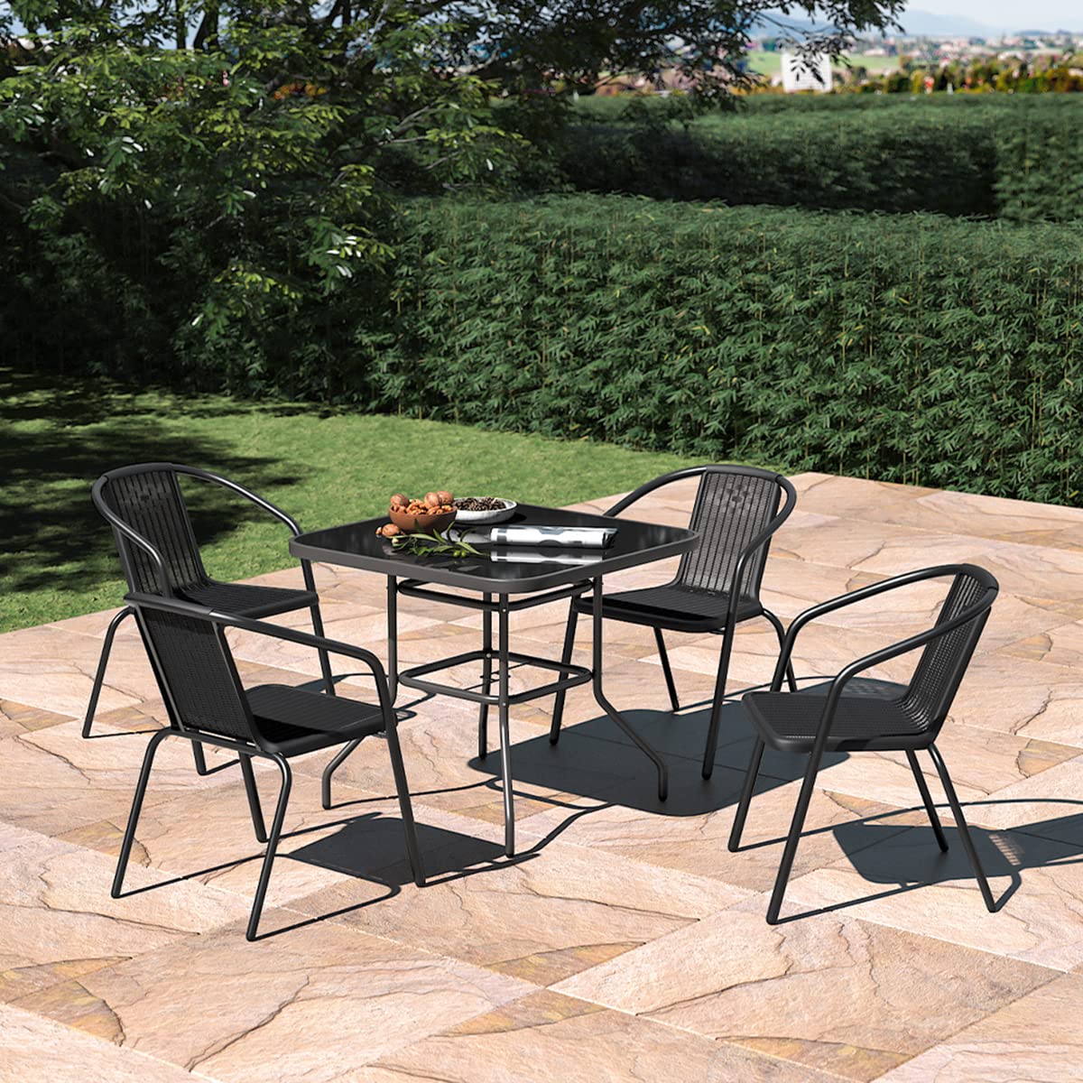The Fellie Garden Furniture Set Outdoor Dining Table and Chairs Patio Tempered Glass Table Top with Umbrella Hole Wicker Stacking Chairs Seat(80cm Square Table+4PC Chair)