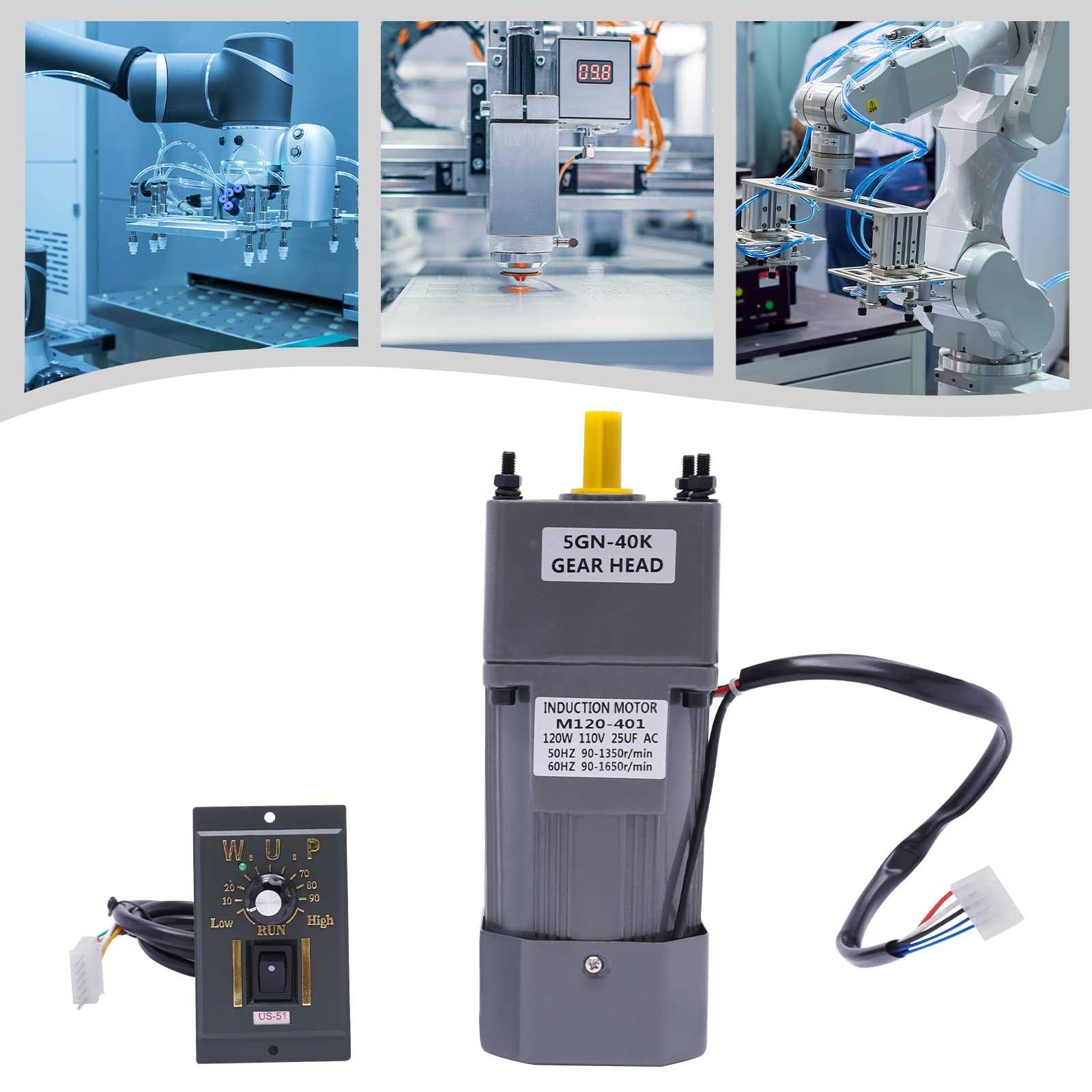 AC High Torque Motor 110V 120W Electric Gear Motor with Reducer and Speed Controller Single-Phase Gearbox Reversible for Home Office Construction Machinery Equipment (40K)