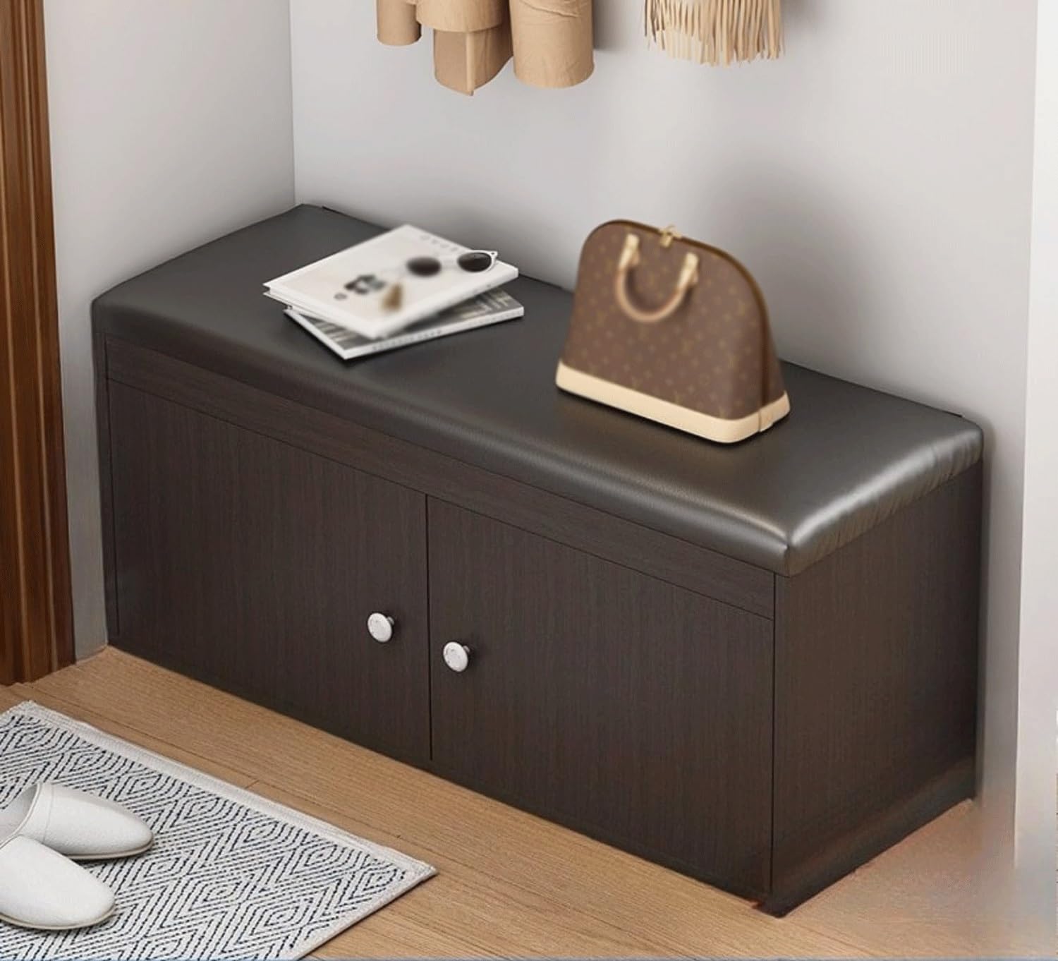 Tabouret à chaussures en bois noir de 80 cm avec compartiment de rangement pour bottes