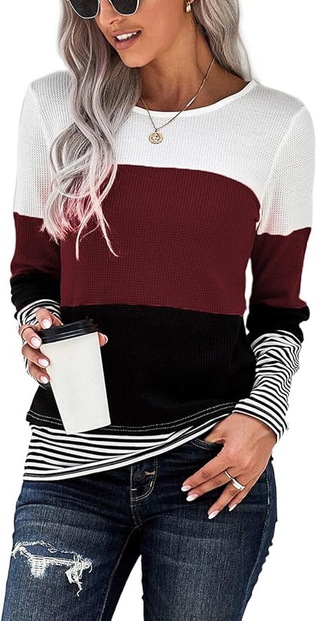 NEYOUQE Women's Color Block Waffle Long Sleeve T-Shirt