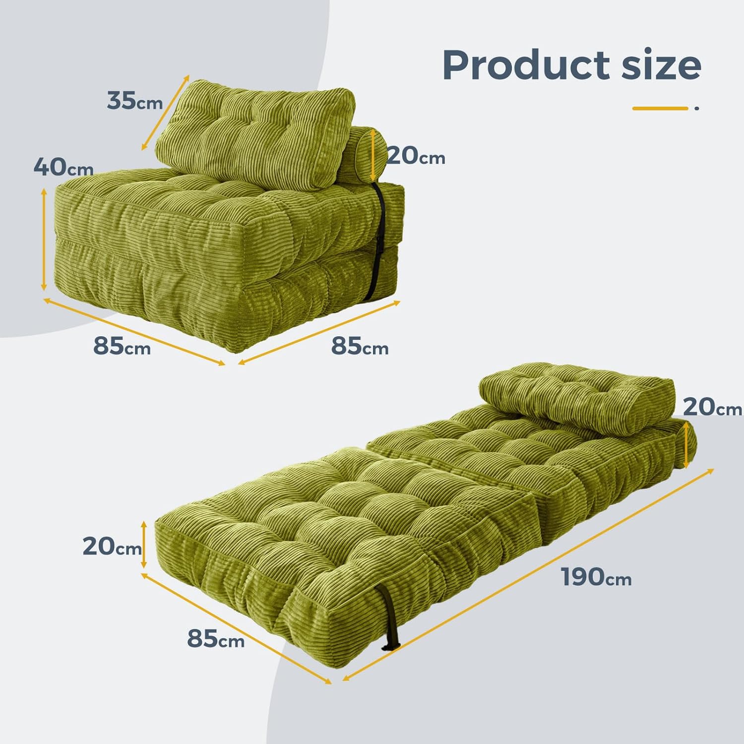 MAXYOYO Opvouwbare slaapbank, omvormbare sofa met kussen, opvouwbaar matras met rugsteun, draagbaar, comfortabele vloersofa, loungebed voor woonkamer of slaapkamer, groen