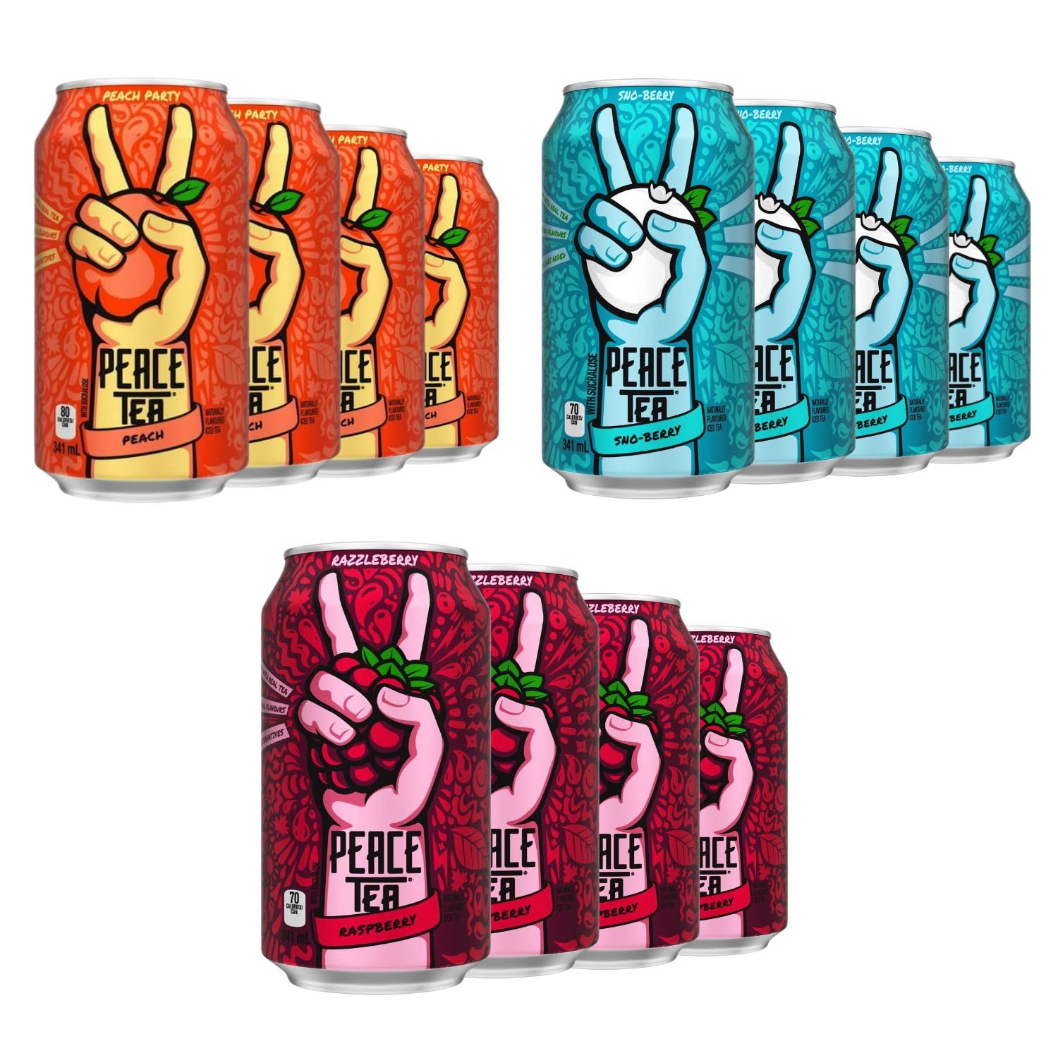 Peace Teas Iced Tea Variety Pack - No Preservatives, Made with Real Tea, Natural Fruity Flavors - Pack of 12 (4 Peach, 4 Sno Berry, 4 Razzleberry) 3 Flavors, 341 mL - Shipped from Canada by TrendnSave