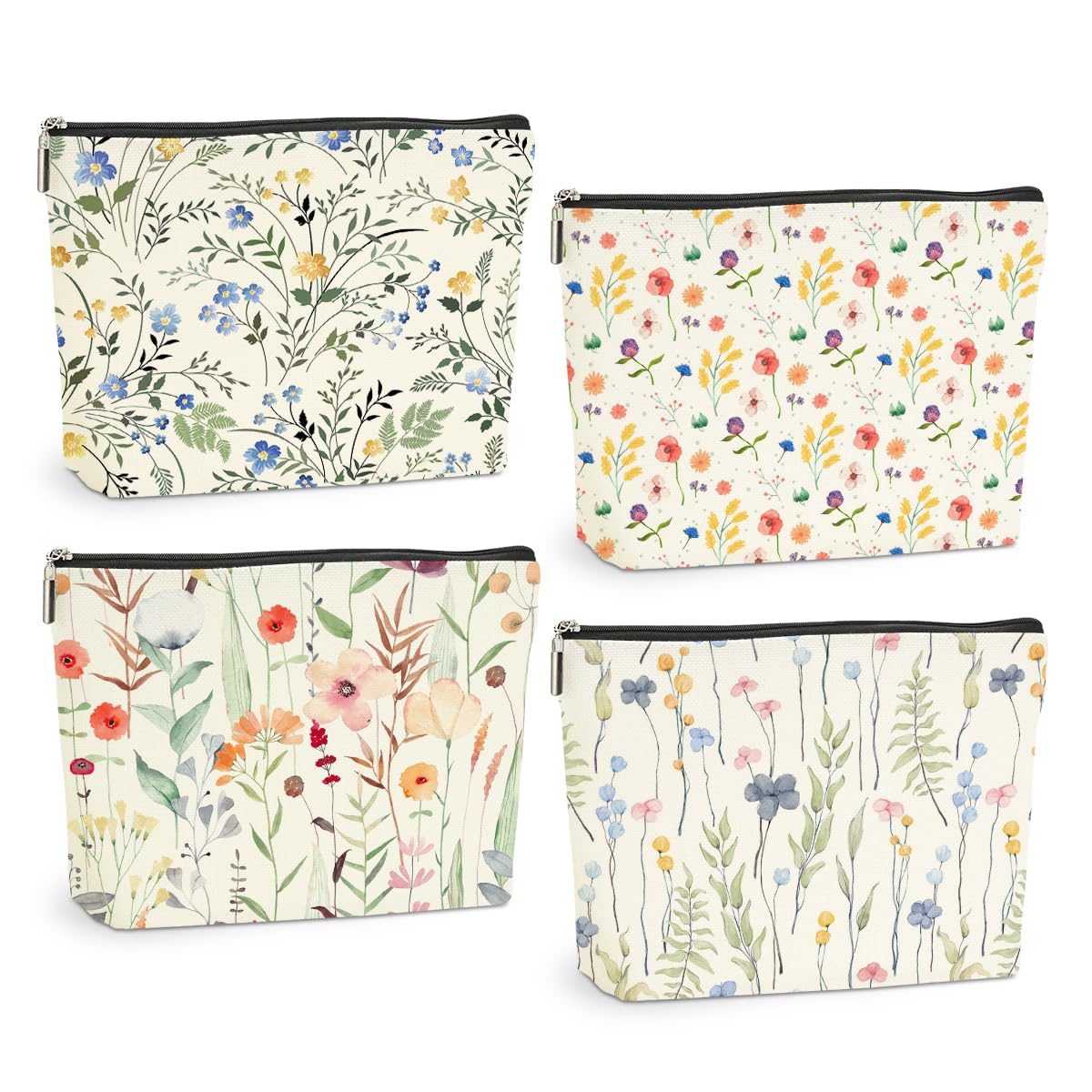 4 Pcs Watercolor Wildflower Makeup Bag, Botanical Cosmetic Bags Plant Lover Friendship Gifts for Women Sister Bestie Mom Friend Thanksgiving Christmas