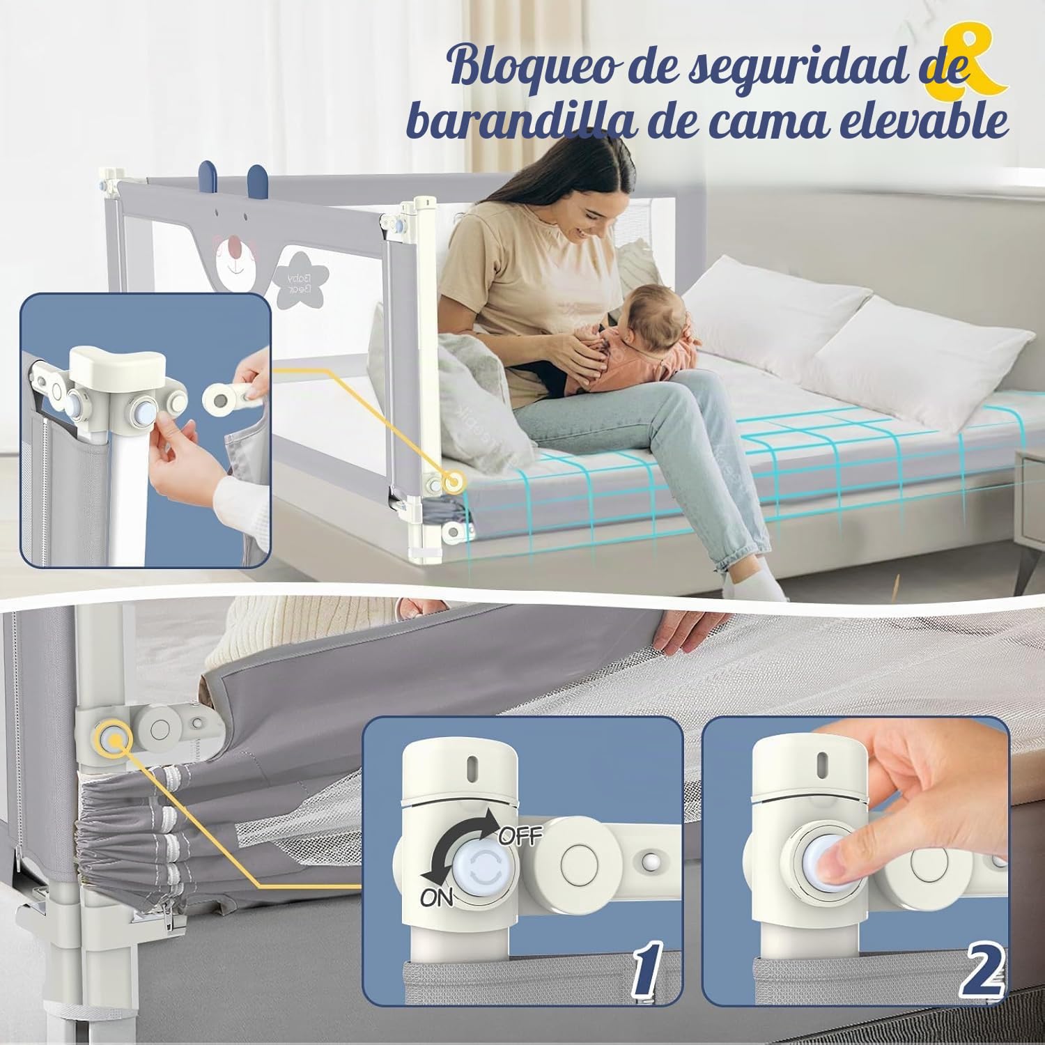 G TALECO GEAR 3 barandillas de protección contra caídas para niños pequeños con barra de cabecero, barandilla ajustable para cuna infantil, protección contra caídas (2 x 200 cm + 1 x 190 cm)