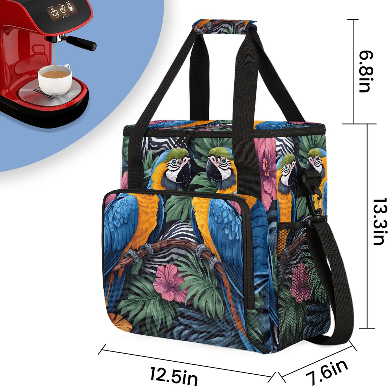 Adornori Parrot Coffee Maker Travel Bag, Tropical Bird Insulated Grocery Bag Travel Picnic Leakproof Cooler Bags With Shoulder Strap