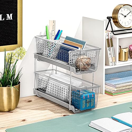 Miniatura 7 de madesmart Mini organizador de 2 niveles, almacenamiento deslizante multiusos con asas para el hogar y el baño, carbono, paquete de 4
