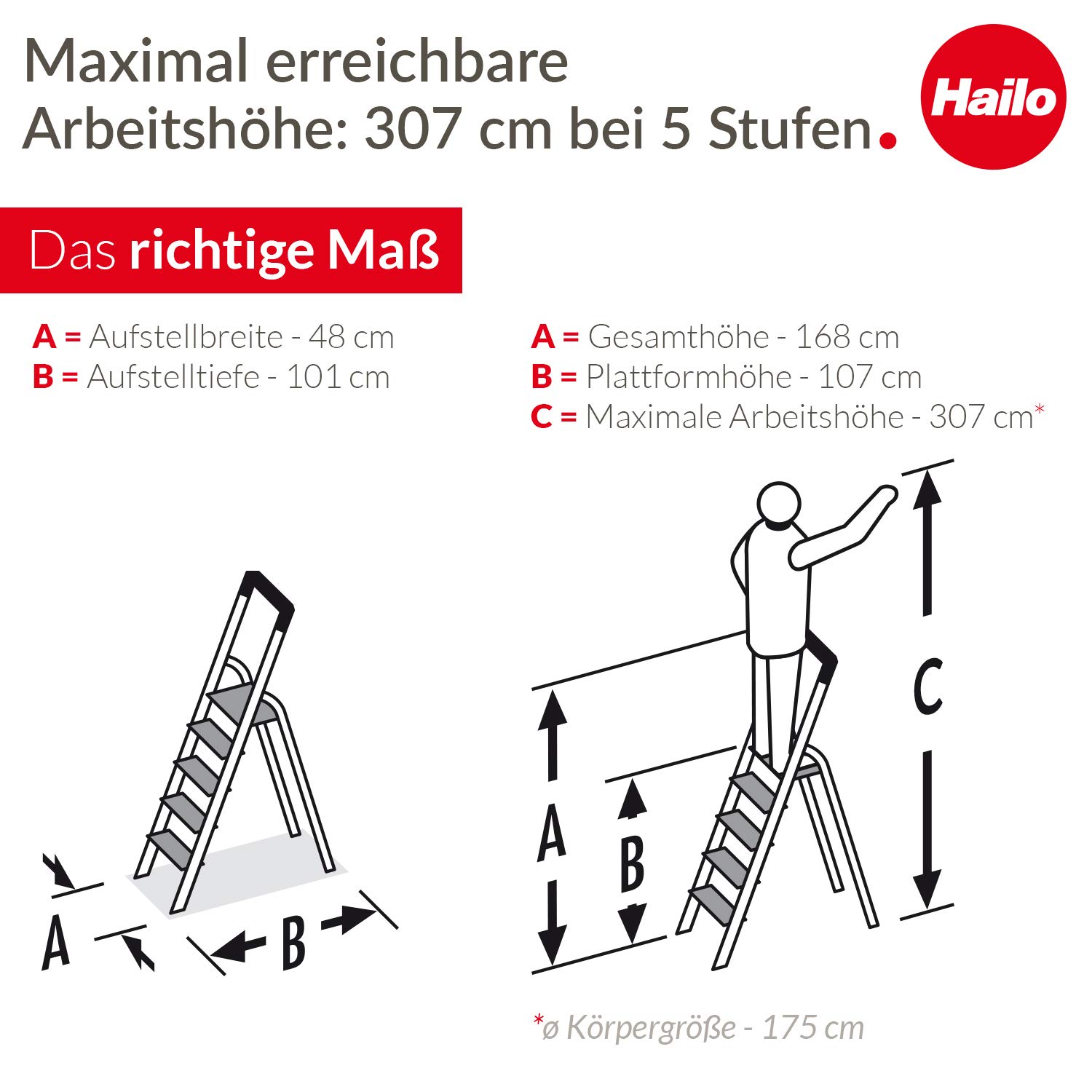 HAILO 8040-507 - Escalera de tijera de aluminio con peldaño ancho XXL EasyClix (5 peldaños)