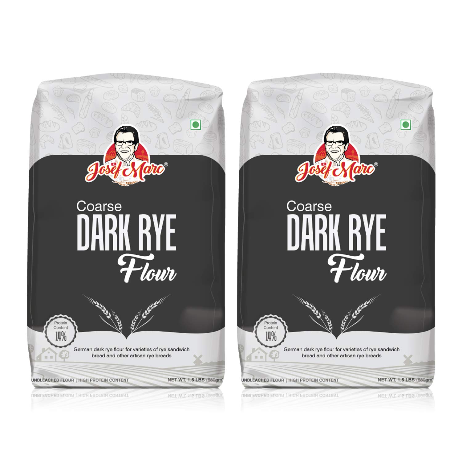 Josef Marc Coarse Rye Flour for Baking Purpose, 1.5 LBS Unbleached, High Fiber, Non-chlorinated, Non-GMO & Non-bro-mated, Italian Type 1080 Flour, (Pack of 2)