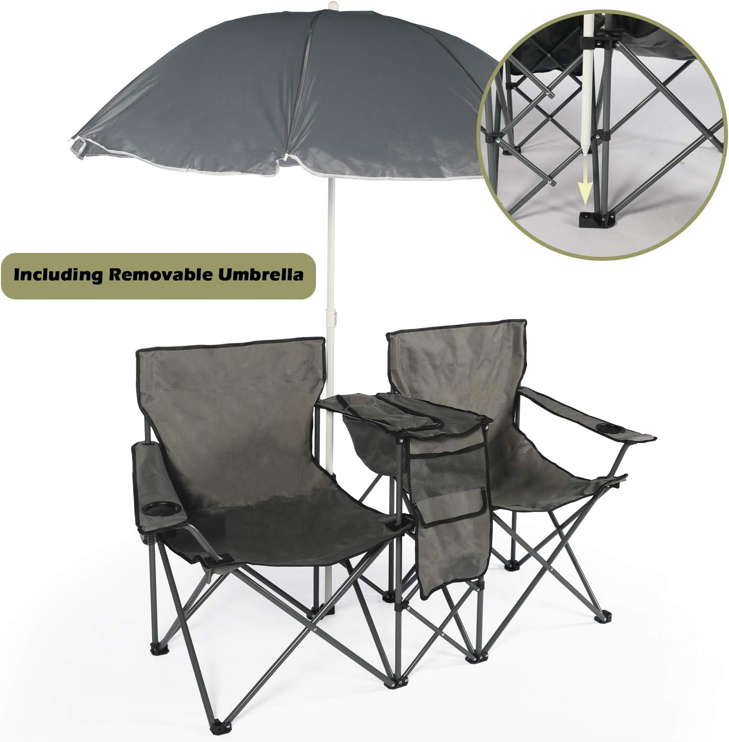 YILI Double Folding Camping Chairs, Portable Camping Chairs w/Removable Umbrella Mini Table Cooler Bag, Outdoor Picnic Double Folding loveseat Camp Chairs for Beach Patio Pool Park (Grey)
