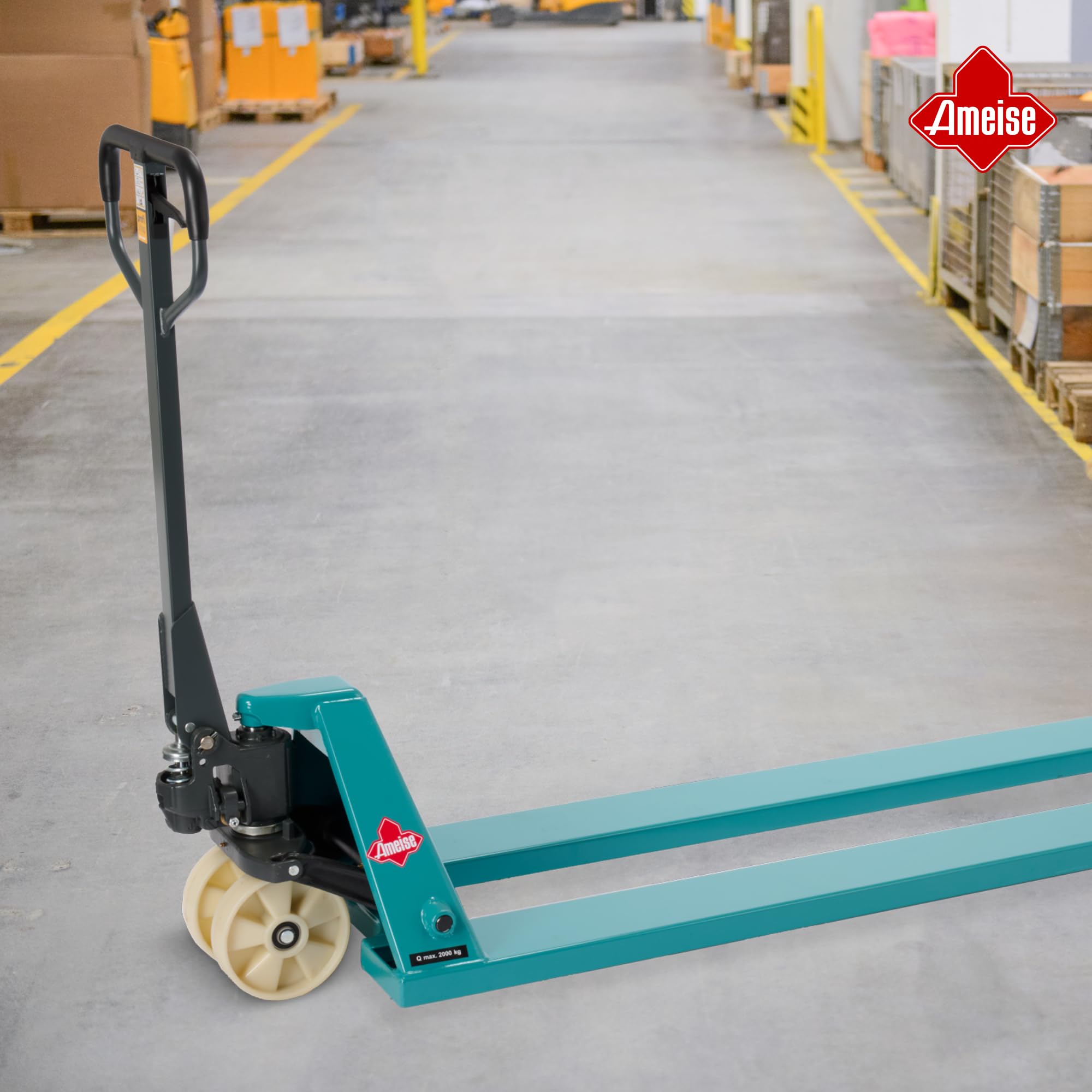 Ameise Hubwagen PTM lang | 2.000 kg Tragkraft | 2.000 mm Gabellänge | Lenkrad/Gabelrolle aus verschleißarmen Nylon | Tandem-Gabelrollen | Palettenhubwagen
