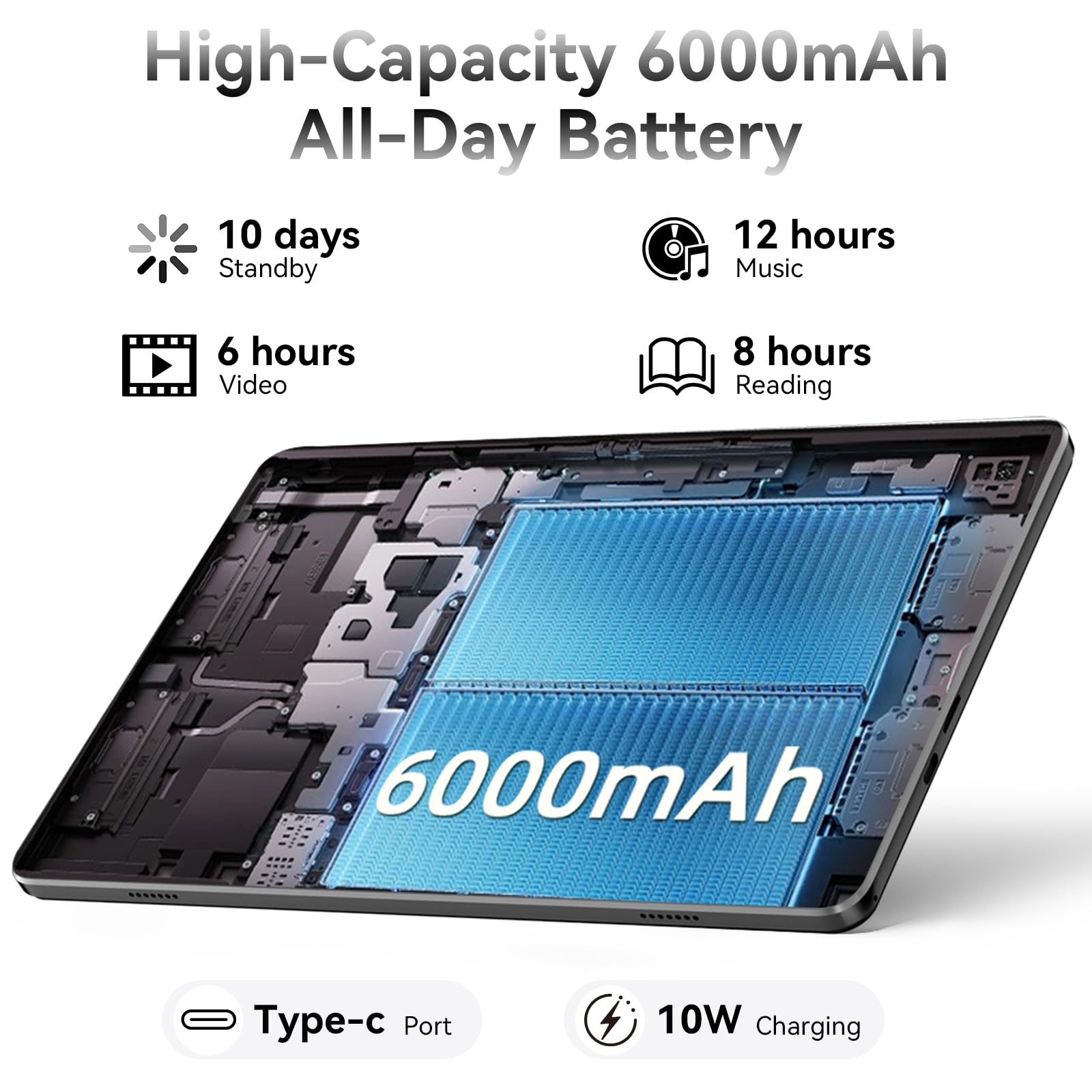 Tablet 10 Pulgadas Android 15 Negro, 6GB RAM (hasta 18GB con expansión) 128GB, Octa-Core T30, Pantalla IPS 1280x800, Batería 6000mAh, WiFi Dual, GPS, Desbloqueo Facial, Bluetooth, USB-C, TF hasta 1TB
