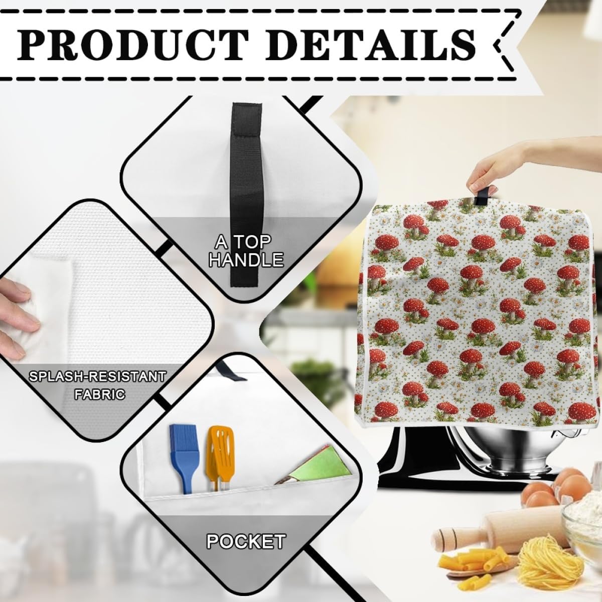 Dust Cover Compatible with Stand Mixer, Cloth Cover with Pockets for Stand Mixer and Extra Accessories (Mushroom, XS(for 4.5-5 qt Mixer))