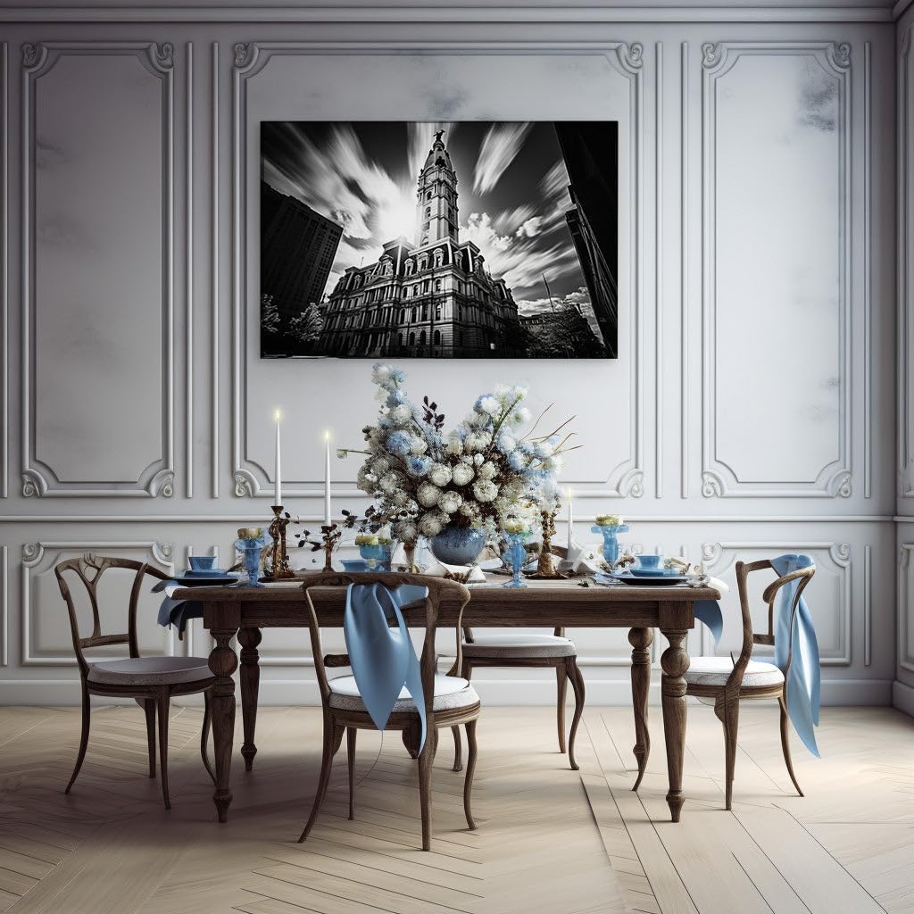 Canvas for Living room. Timeless Elegance Over Philadelphia � The Grandeur of City Hall Against a Dynamic Sky, 27 x 18 inch Canvas Wall Art - Skylines And Cityscapes - Modern Home Decor