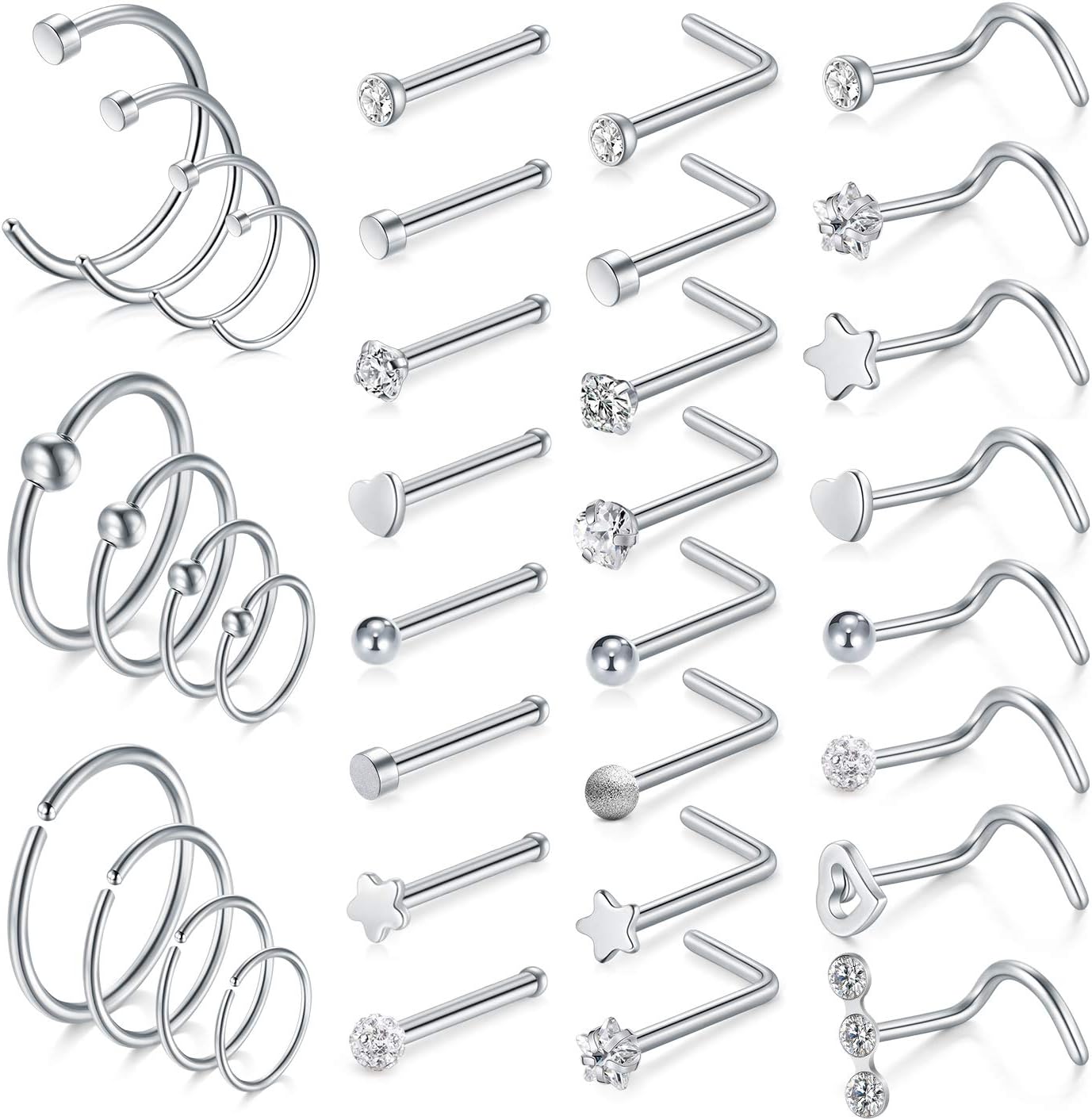 AVYRINGNose Rings Nose Studs Nose Rings Hoops Nose Piercings L Shaped Nose Ring Surgical Steel Nose Piercing Jewelry Hoop Nose Rings for Women Nose Screw Nostril Piercing Sliver Gold Black 20g
