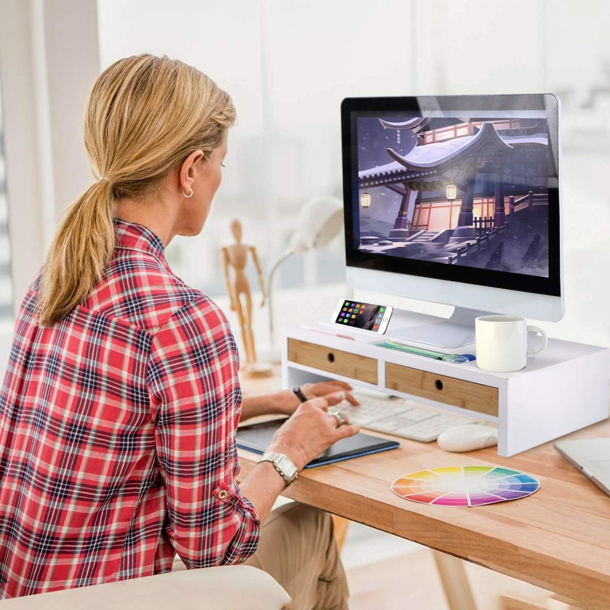 Monitor Stand Computer TV Riser with 2 Drawers & Desktop Organizer Laptop Printer Stand with Keyboard Storage Space for Home & Office,White