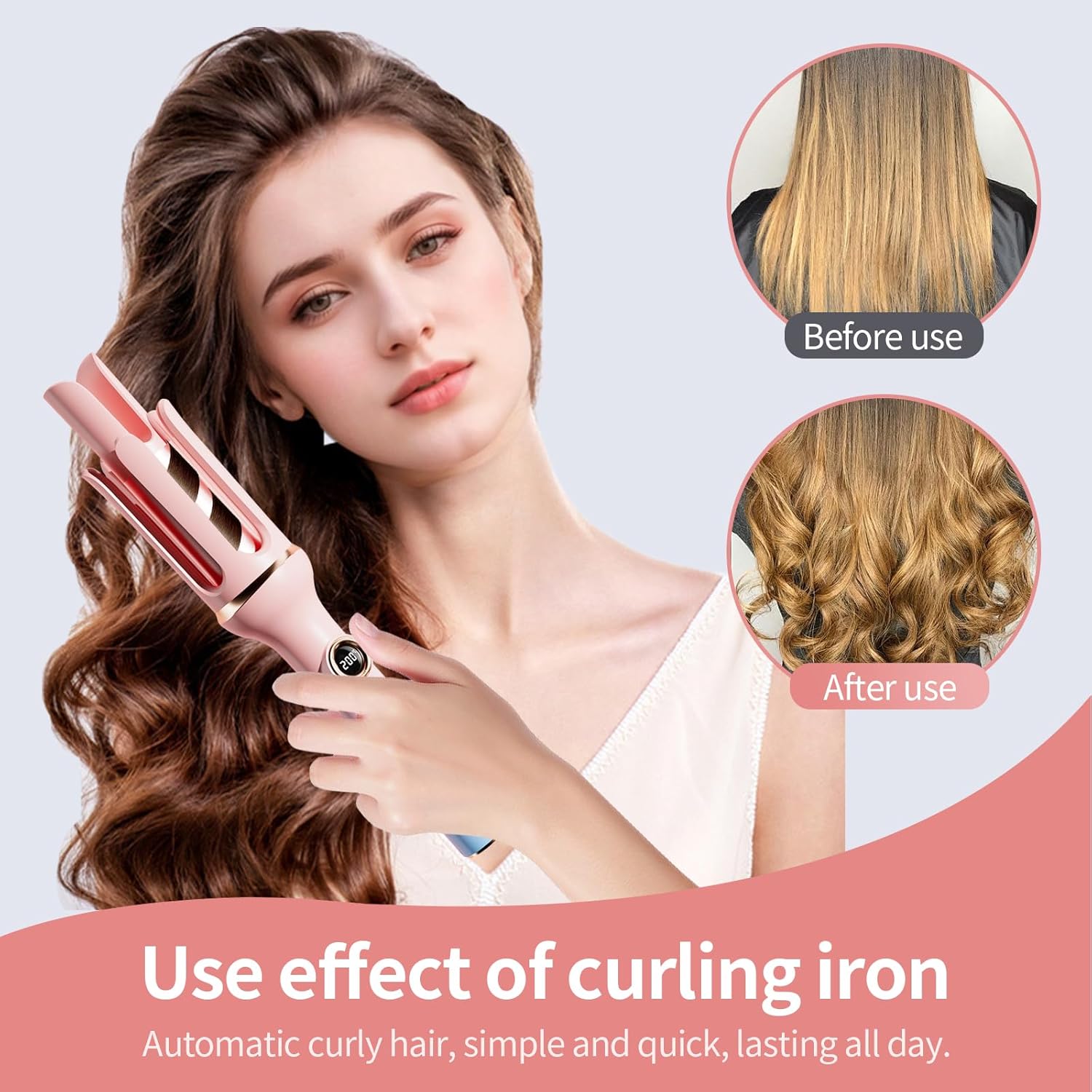 Velasko Rotating Curling Iron, Extended Barrel 1.25 Inch Anion Self Curling Hair Curler, Electric Anti-scald Portable Hair Curler, Fast Heating for Long and Short Hair Styling, Gradient Pink