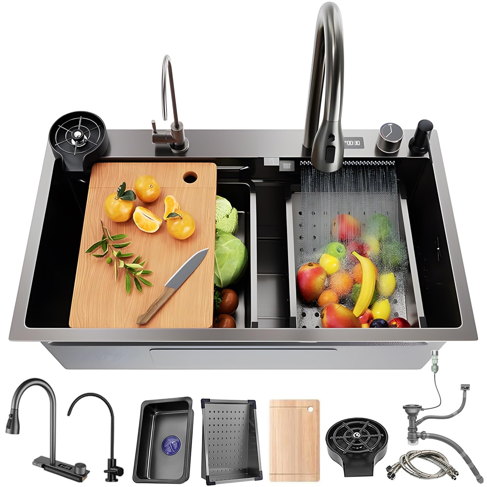 ZQFHSX Top Mount Waterfall Kitchen Sink, Black Gray Single Bowl Farmhouse Stainless Steel Bar Multifunctional Workstation Drain Accessories(Black grayB,75x50cm)