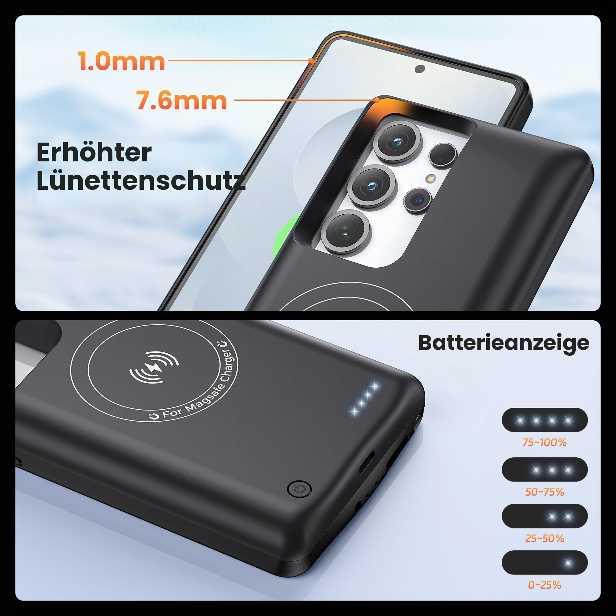 Schutzhülle für Samsung Galaxy S25 Ultra, echte 10.000 mAh, Akku-Schutzhülle, kabellos, intelligent, tragbar, Powerbank, externer Akku