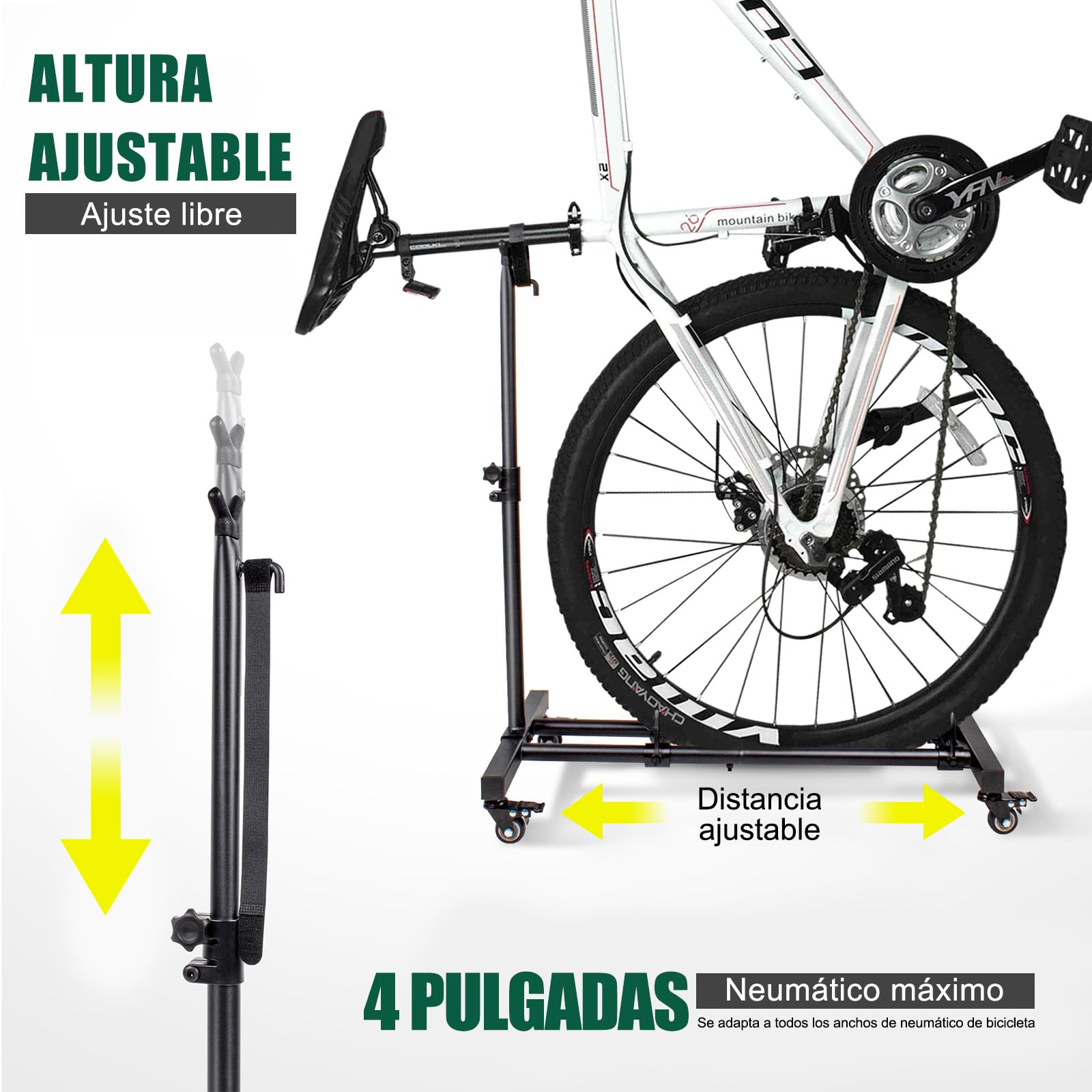 Mimoke Soporte vertical para bicicleta – Soporte de suelo para bicicleta con ruedas bloqueables, altura regulable, para todos los tipos de bicicletas de hasta 4 pulgadas de ancho de neumático
