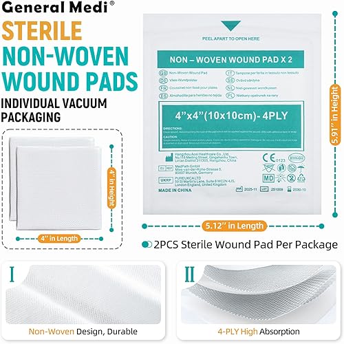 Miniatura 2 de General Medi Esponjas de gasa estéril, almohadillas no tejidas de 4 x 4 pulgadas, esponjas envueltas individualmente altamente absorbentes, para