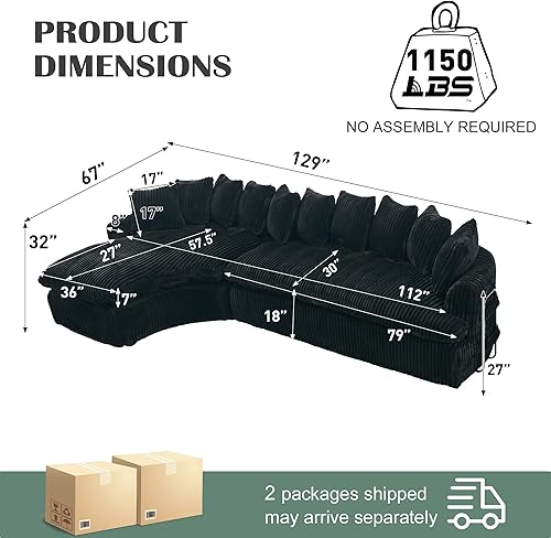 Miniatura 2 de Sofás seccionales Cloud de 129 pulgadas para sala de estar, sofá curvado sin hueso, sofá esquinero tapizado de pana, color negro