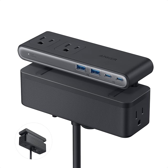 Anker Nano Power Strip, Desk Clamp with 1500J Surge Protector, 5ft Extension Cord, 70W Max Gaming Desk Accessories, 6 AC, 2 USB A, 2 USB C, Home Office Essentials, Fit 0.6~1.8'' Tabletop Edge (Black)