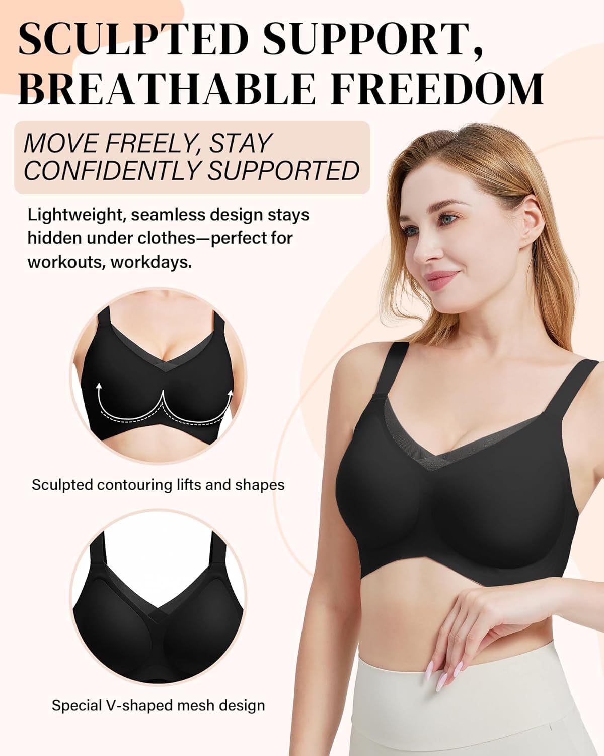 Bras for Women Wireless V Mesh Comfortable Bra Seamless Wire-Free Adjustable Brassiere Full Support Push Up - Image 2