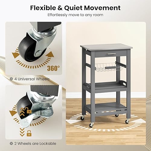 Miniatura 4 de Giantex Carrito de isla de cocina, carrito de almacenamiento de cocina rodante con mesa de acero inoxidable, cajón, cesta y estante, carrito de