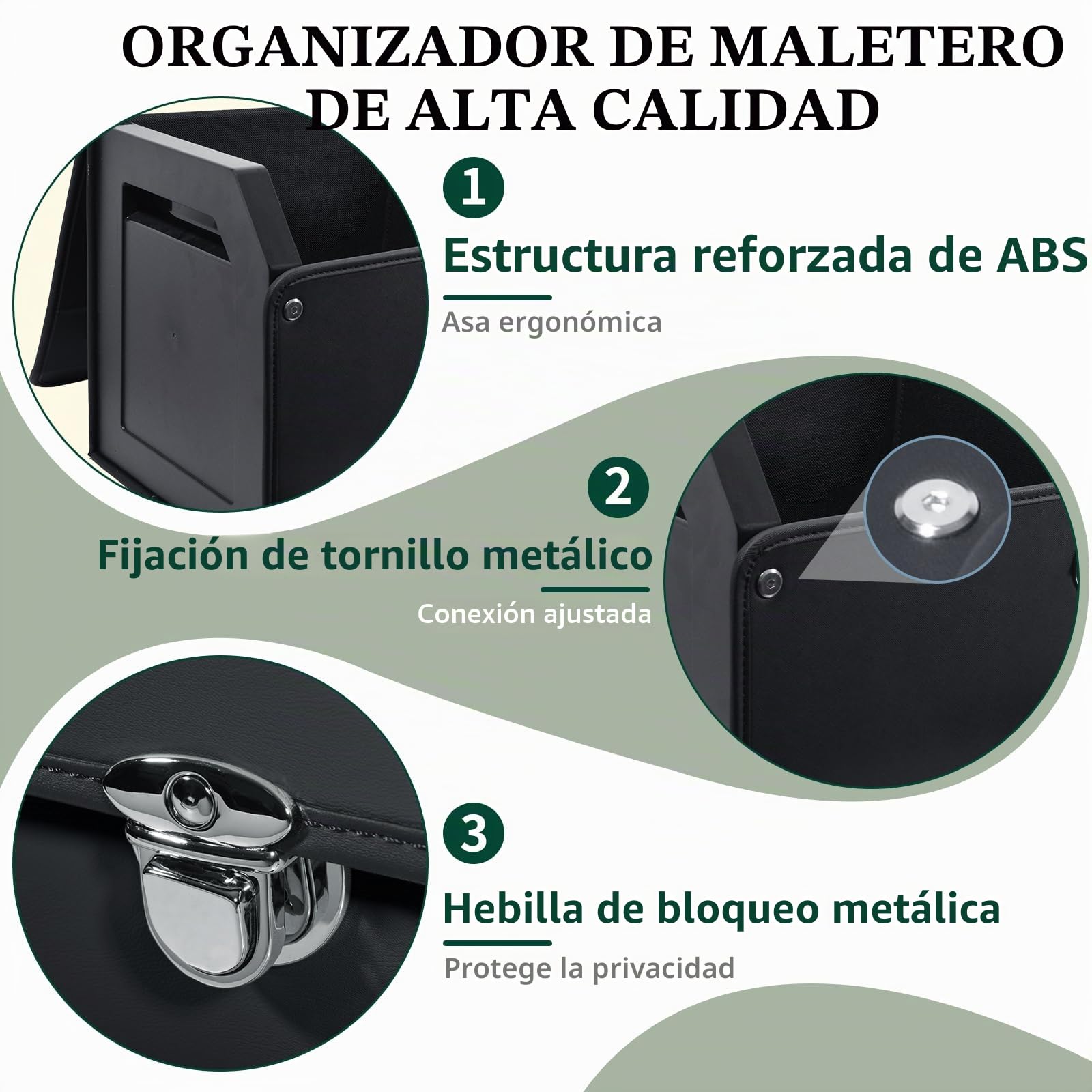 Organizador de Maletero con Tapa – Piel NAPPA Premium, Asa Deslizante Portátil & Caja de Almacenamiento Estable Universal para Coche y SUV (Negro, 103 x 29 x 31 cm)