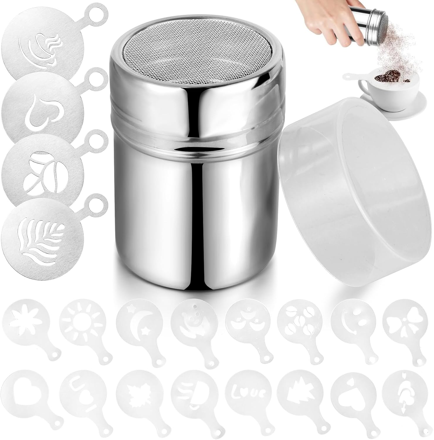 Chocolate Sprinkles for Cappuccino, Chocolate Shaker for Cappuccino with Lid, with 20 Coffee Stencils, Chocolate Shaker Duster, Flour Shaker, Icing Sugar Shaker for Kitchen, Drinks, Baking